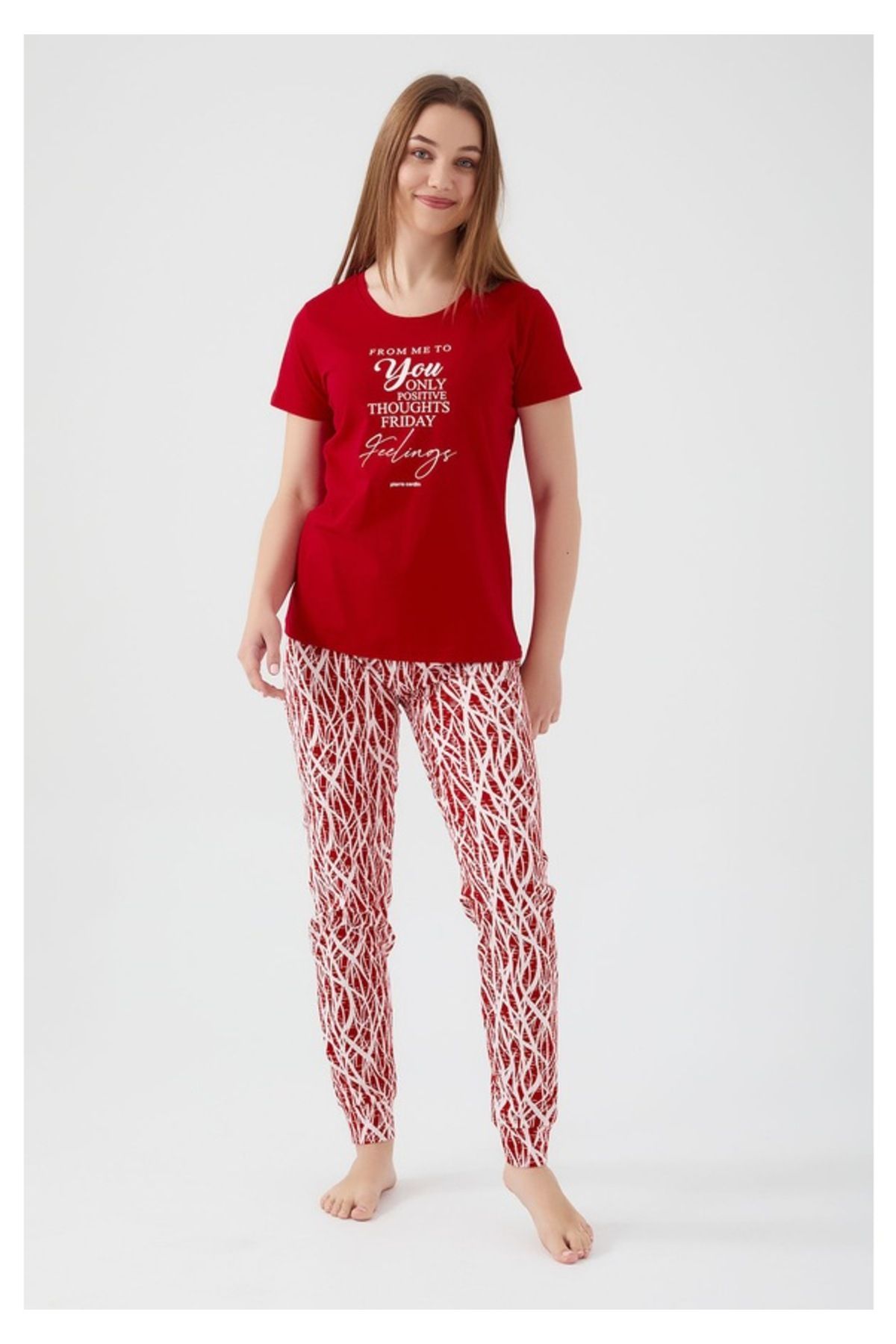 Pierre Cardin Pamuklu Kısa Kollu Kadın Pijama Takımı Kırmızı V63