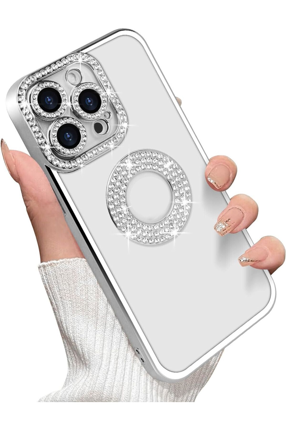 HyperAge İphone 15 Pro Max Elmas Taş Süslemeli Logo Görünür Şeffaf Estetik Taşlı Kılıf Gümüş