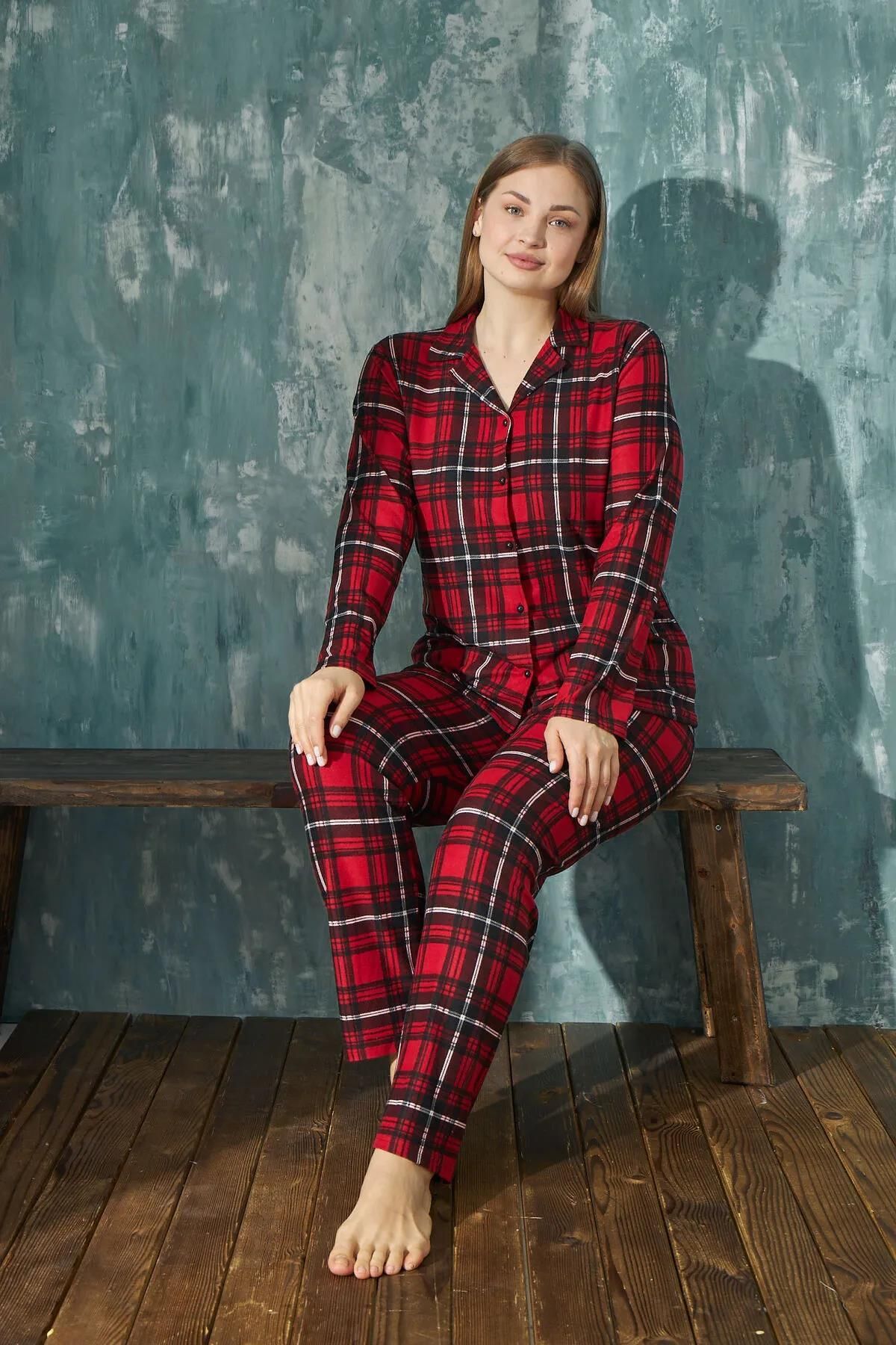 cotonhause Kadın Büyük Beden Uzun Kol Süet Gömlek Yaka Ekose Kırmızı Pijama Takımı C2T0N6O01-4