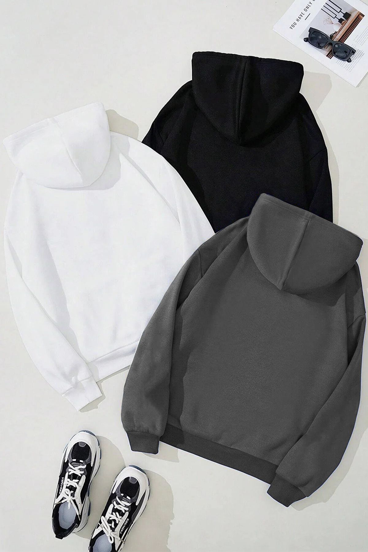 DUBU BUTİK 3'Lü Düz Basic Kalın Kışlık Sweatshirt - Siyah Beyaz Füme Oversize Kapüşonlu