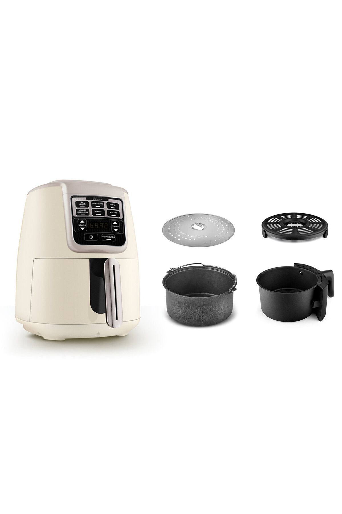 Karaca 4LT Hacim 6 Pişirme Fonksiyonu Ev Yemeği, Közleme, Yoğurt 3 in 1 XL 1550W Airfryer Bej