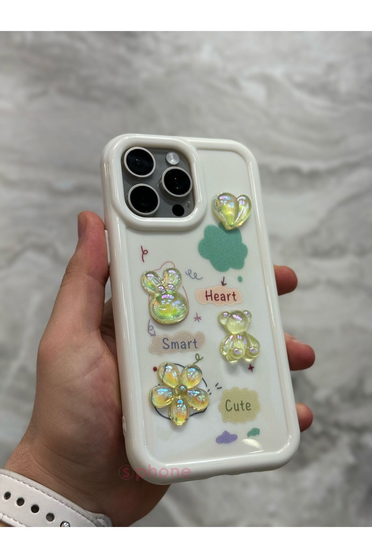 Sphone iPhone 15 Pro Max Kılıf 3D Kabartma Emoji Figür Ayıcık Çiçek Kurdele Happy Good Luck Funny Heart