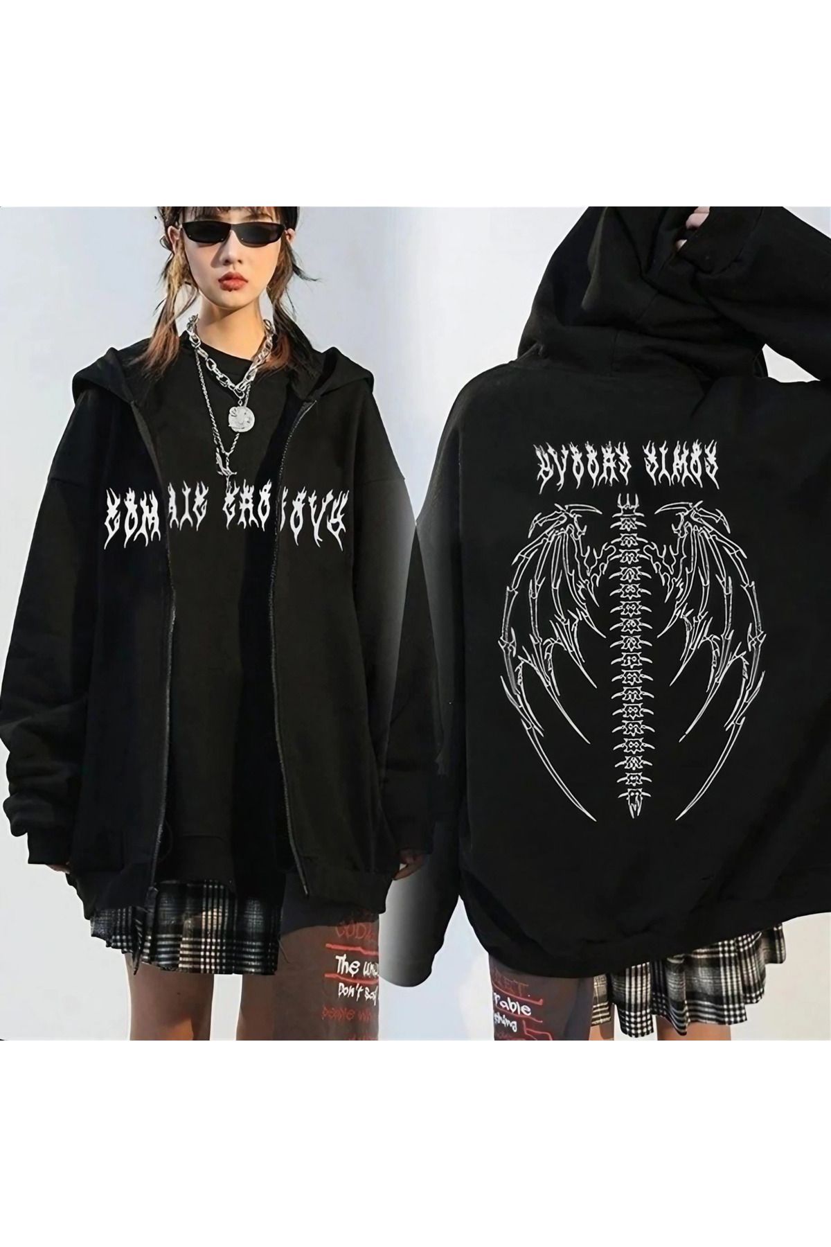 Toum Tribal Gothic Wings (Unisex) Kapşonlu Fermuarlı Siyah Unisex Kapüşonlu Hırka