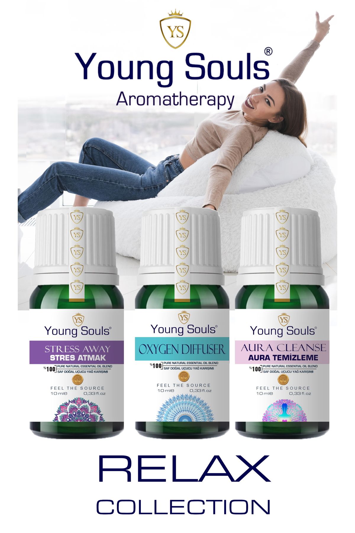 YOUNG SOULS Aromatherapy Relax Collection Stress Away / Aura Cleanse / Oksijen Uçucu Yağ Seti 30 Ml