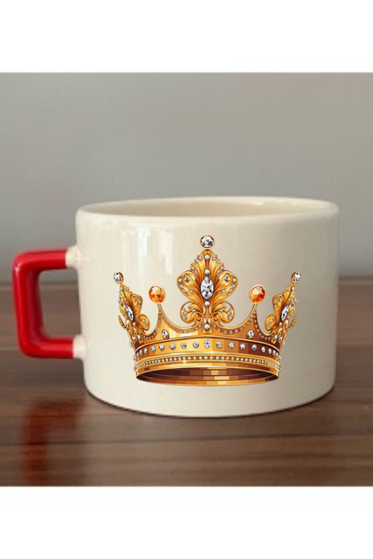 lili hediyelik Kral Tacı Baskılı Kırmızı Kulplu Fincan Seramik Kupa - Seramik Çay, Kahve Hediyelik Bardağı