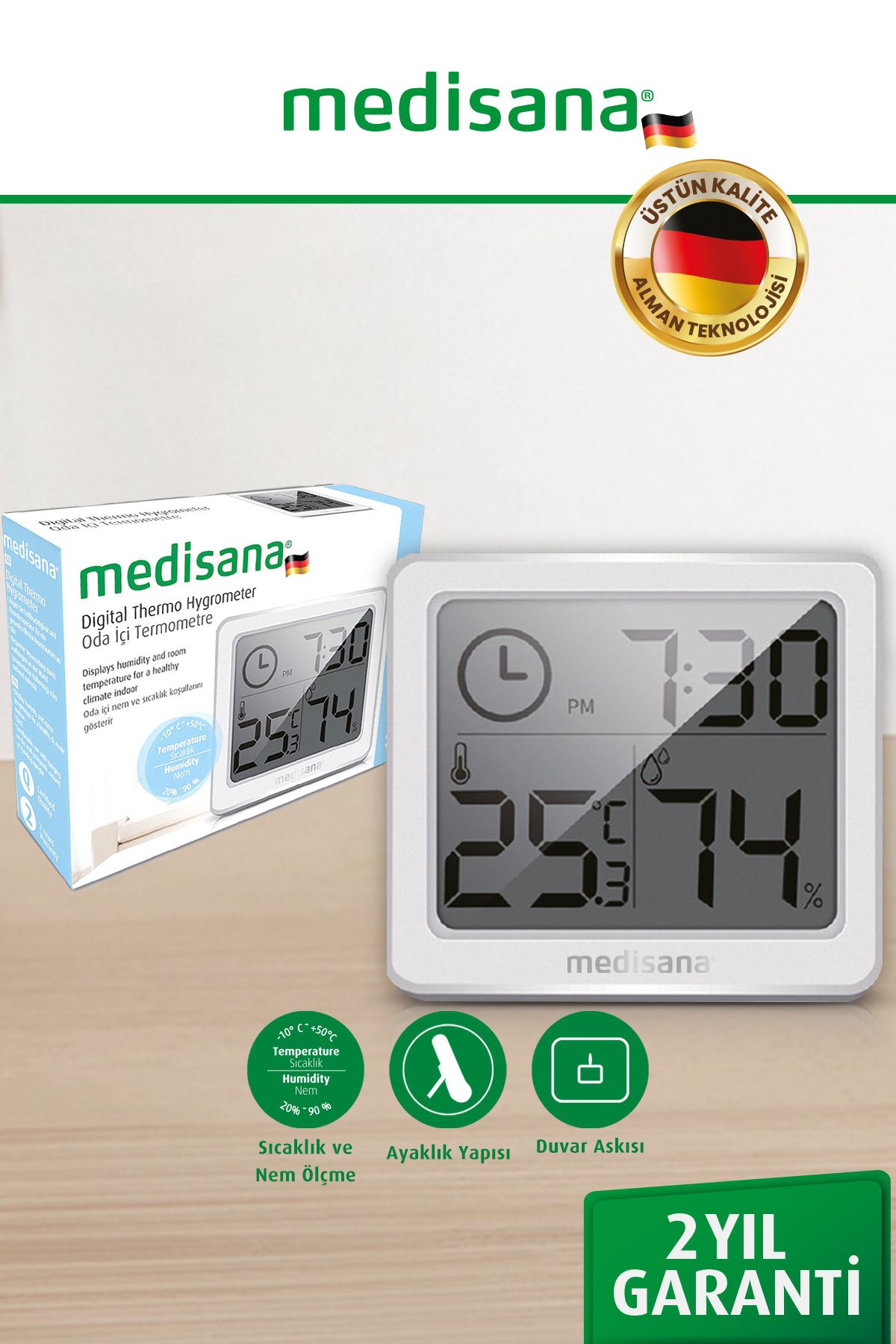 medisana Alman Tasarım Dijital Ekranlı Saat Sıcaklık Isı Nem Ölçer Termometre