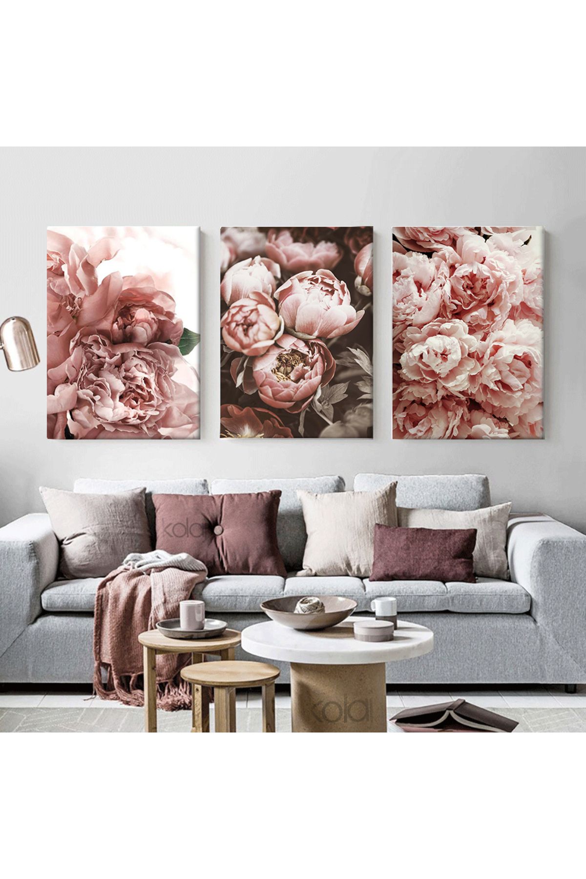 KOLAJTASARIM Pembe Şakayık Çiçekleri Dekoratif Üçlü Kanvas Tablo Seti