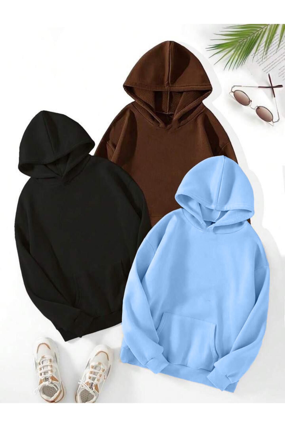 DUBU BUTİK 3'Lü Düz Basic Kalın Kışlık Sweatshirt - Siyah Kahverengi Bebe Mavisi Oversize Kapüşonlu