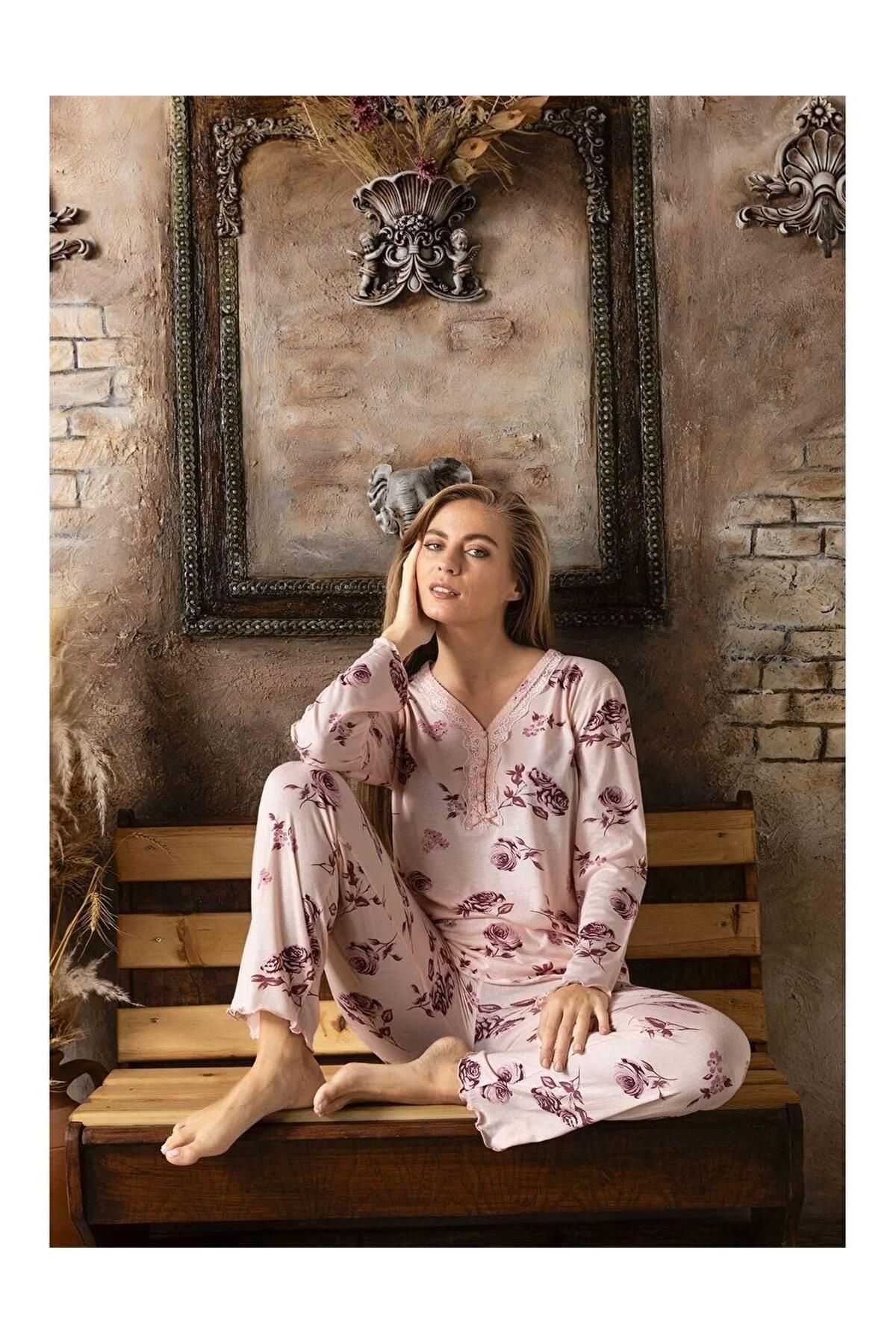 Sude Kadın Bambu V Yaka Uzun Kol İnce Pijama Takımı 4479 - 1 Adet