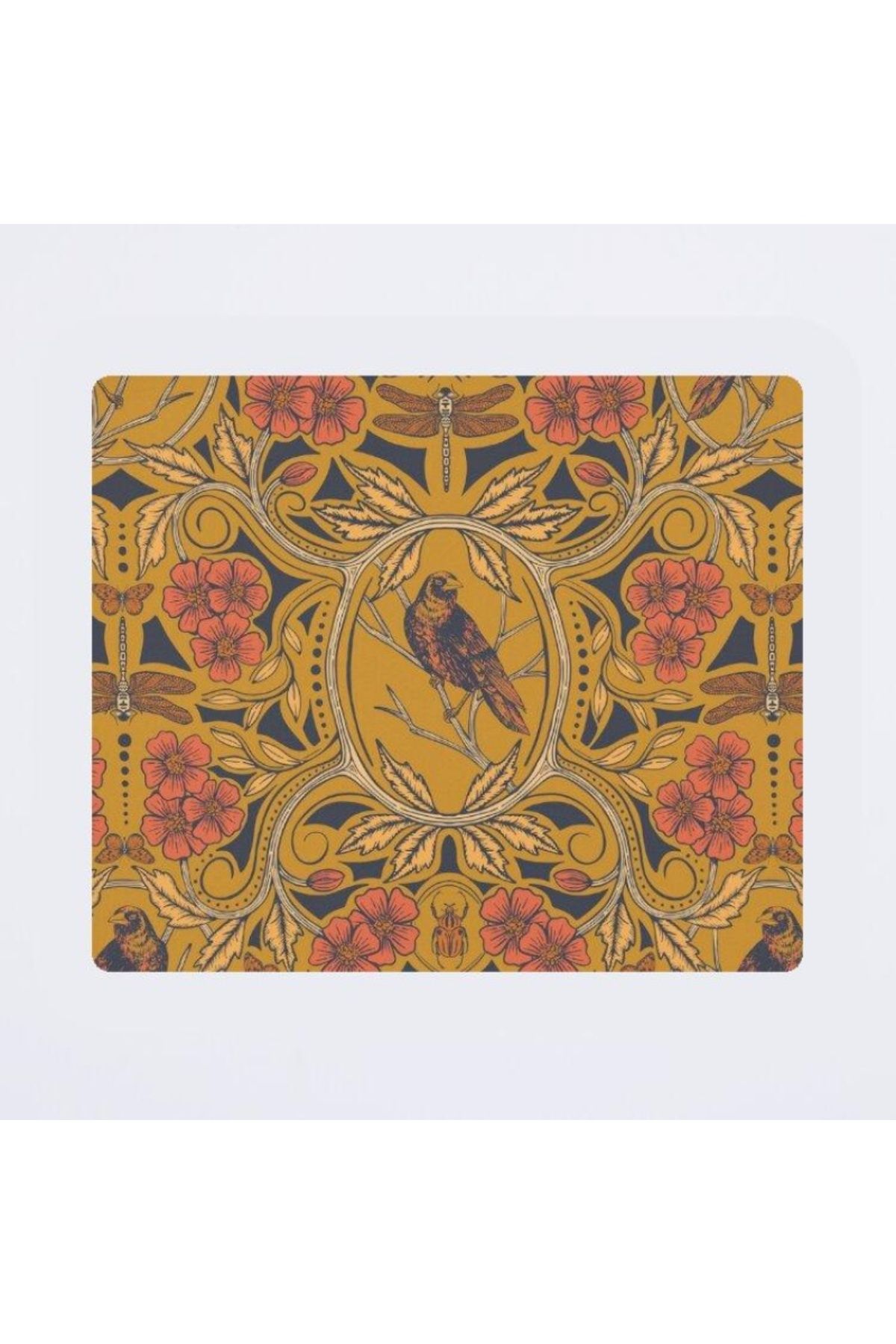 w house Baskılı Mouse pad 000714 18X22/2mm Warm Mustard Yellow & Orange Crow & Dragonfly Floral
