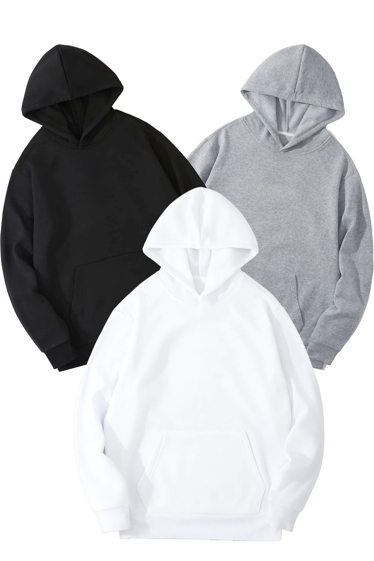 DUBU BUTİK 3'Lü Düz Basic Kalın Kışlık Sweatshirt - Siyah Gri Beyaz Oversize Kapüşonlu