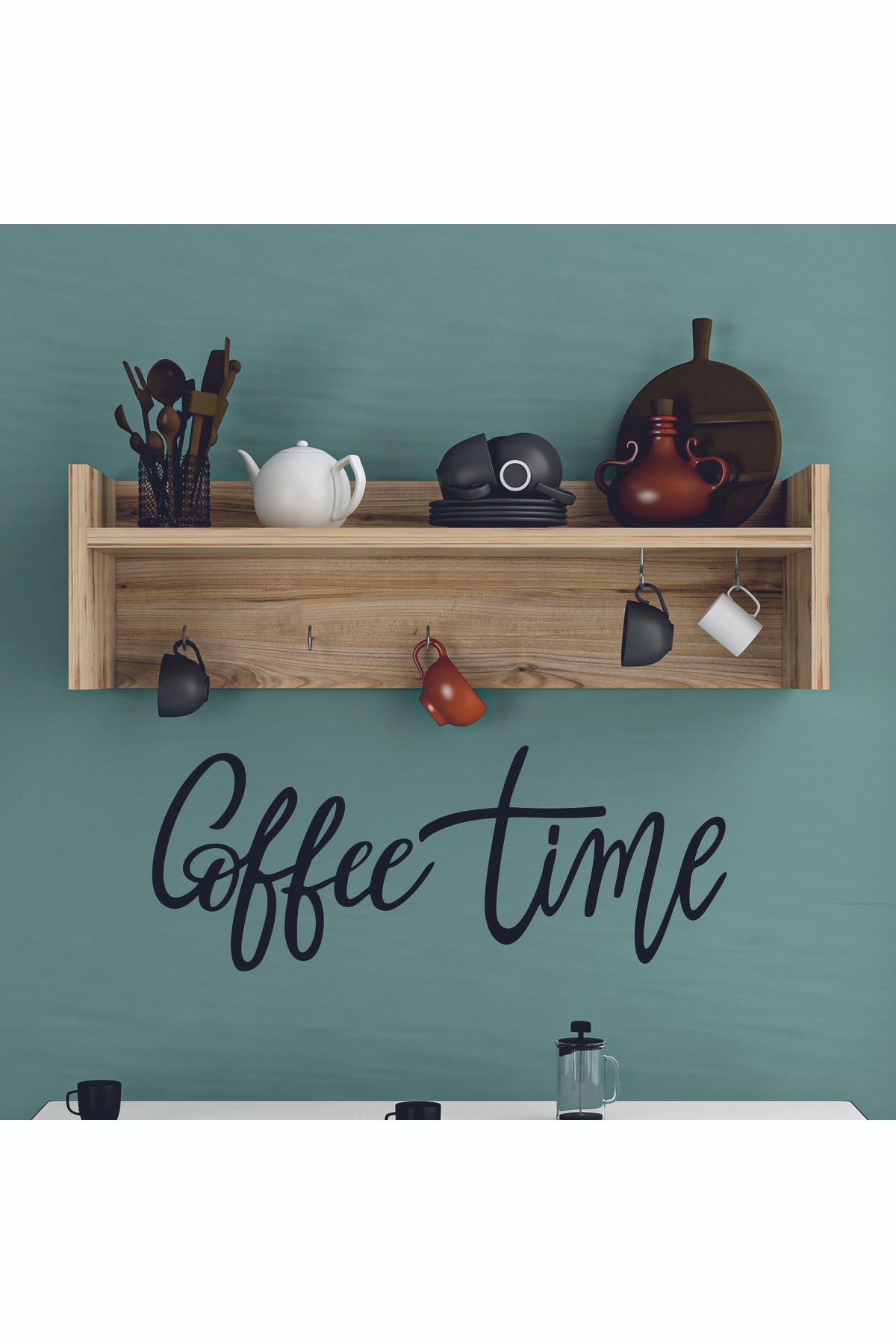 YufiDesign Coffee Time Siyah Ahşap Tablo, Kahve Zamanı Duvar Süsü Yazısı, Mutfak Cafe Için Duvar Dekoru