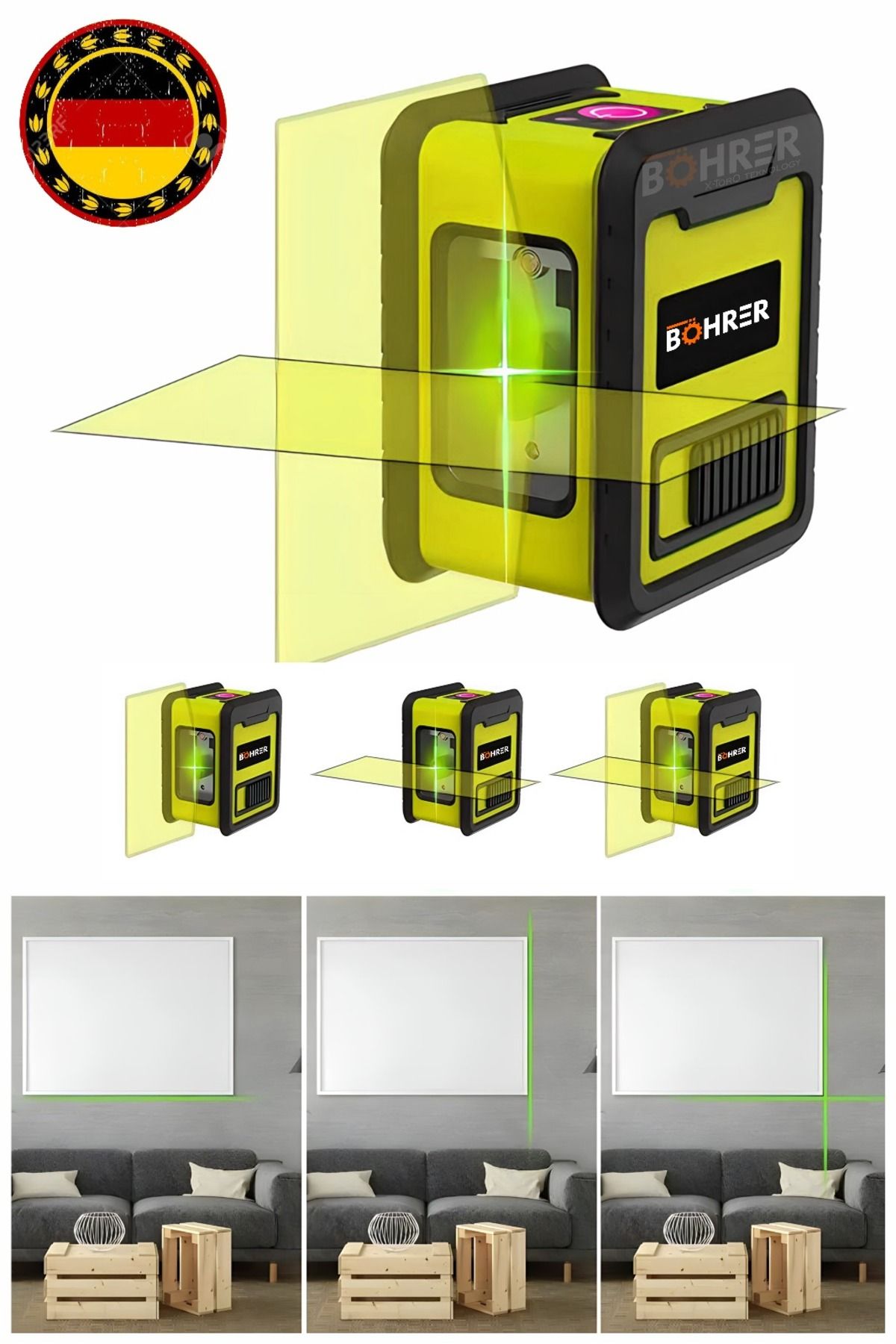 BÖHRER Mini Sarı 2 Köşe Pilli Dikey Ve Yatay Yeşil Işık Lazer Çizgi Hizalama Makinesi
