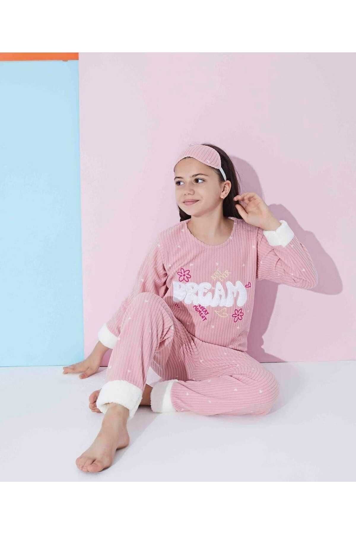 Tarık Kız Genç Ve Çocuk DREAM Desenli Uzun Kollu Polar Peluş Kumaş Kışlık Sıcak Tutan Pijama Takım