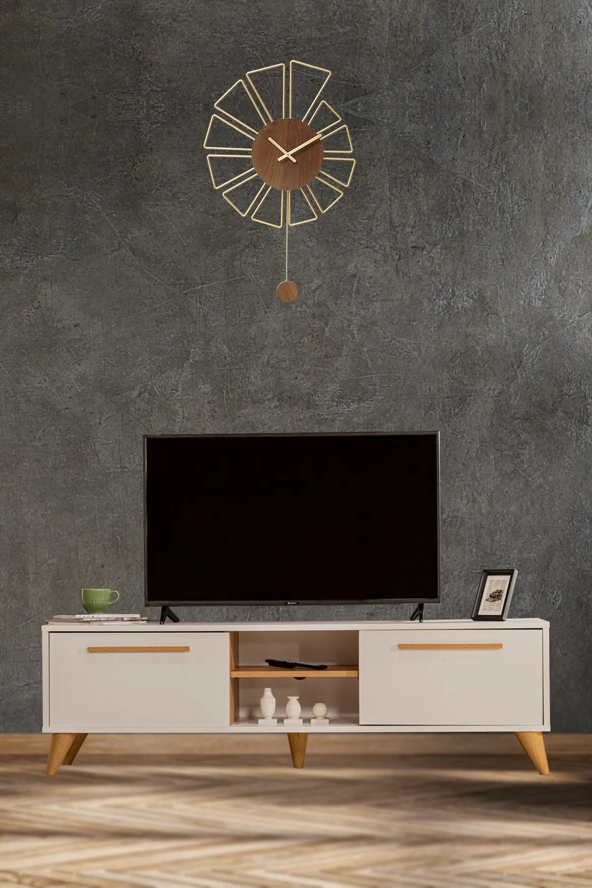 MOBETTO White Tv Ünitesi - Beyaz/ceviz 160 Cm 2 Kapaklı + 2 Raflı Tv Sehpası