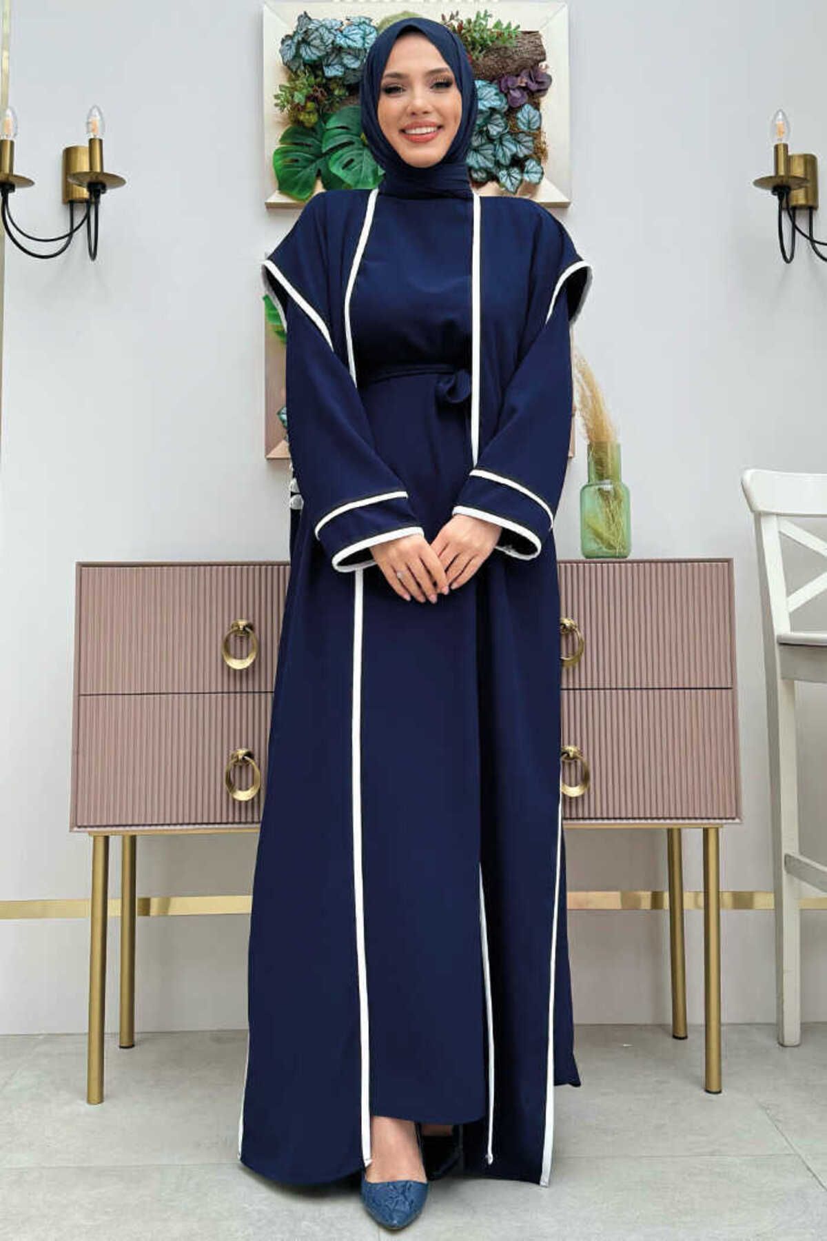 Bym Fashion Düğme Detaylı Yırtmaçlı Yelek ve Elbise İkili Takım 8485 Lacivert