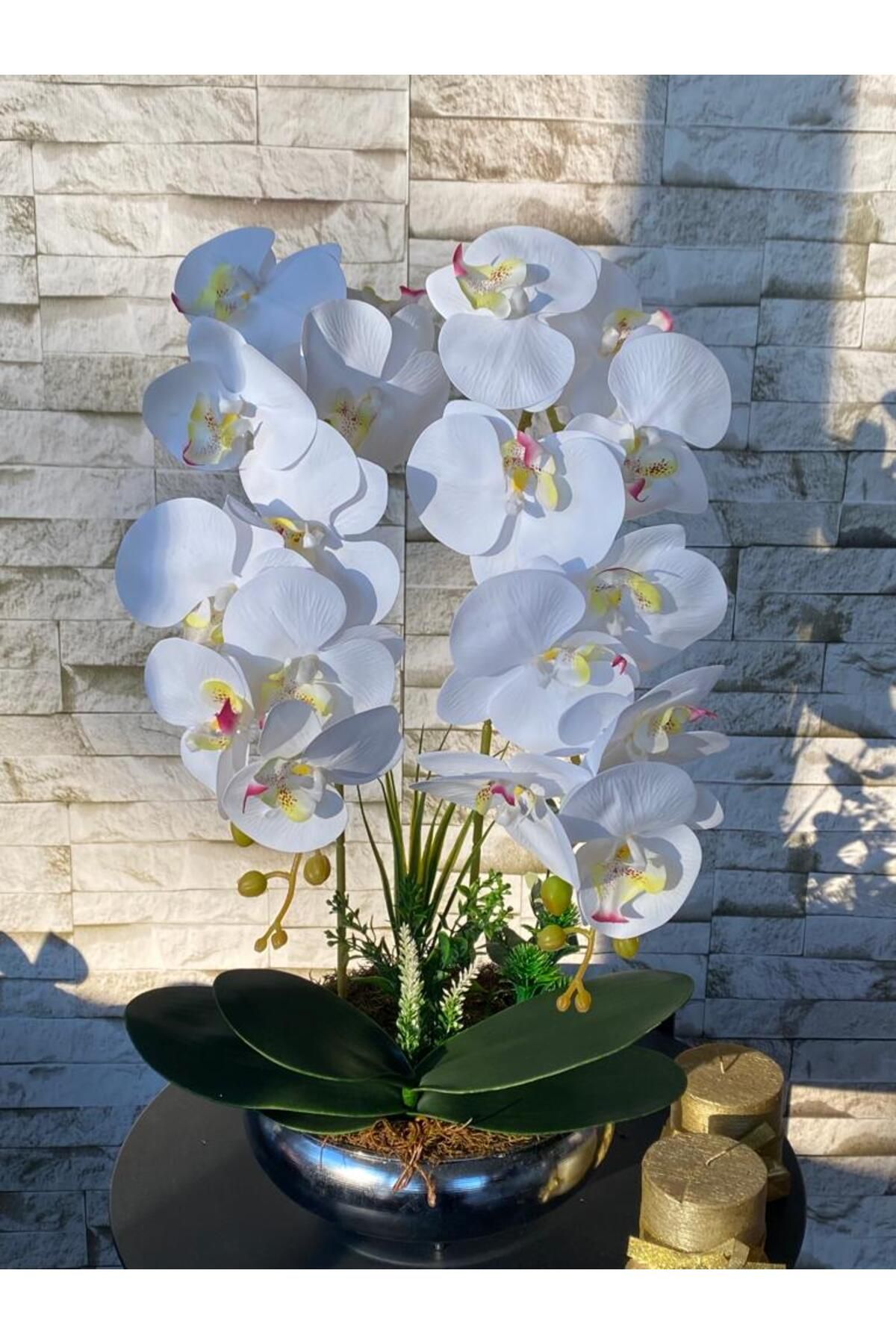 MY LOVE ÇİÇEKÇİLİK Gümüş Metal Saksıda 2'Li Beyaz Islak Orkide