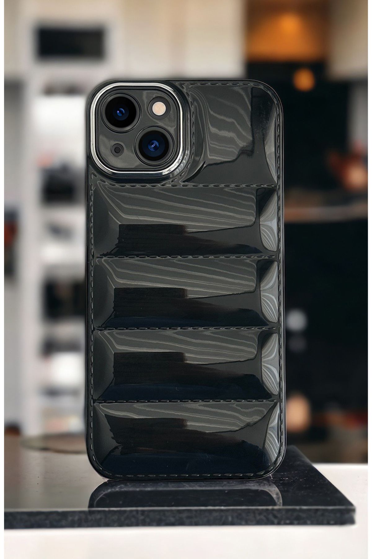 butikcase iPhone 13 Uyumlu Puffer Kamera Korumalı (Cam) Telefon Kılıfı Siyah