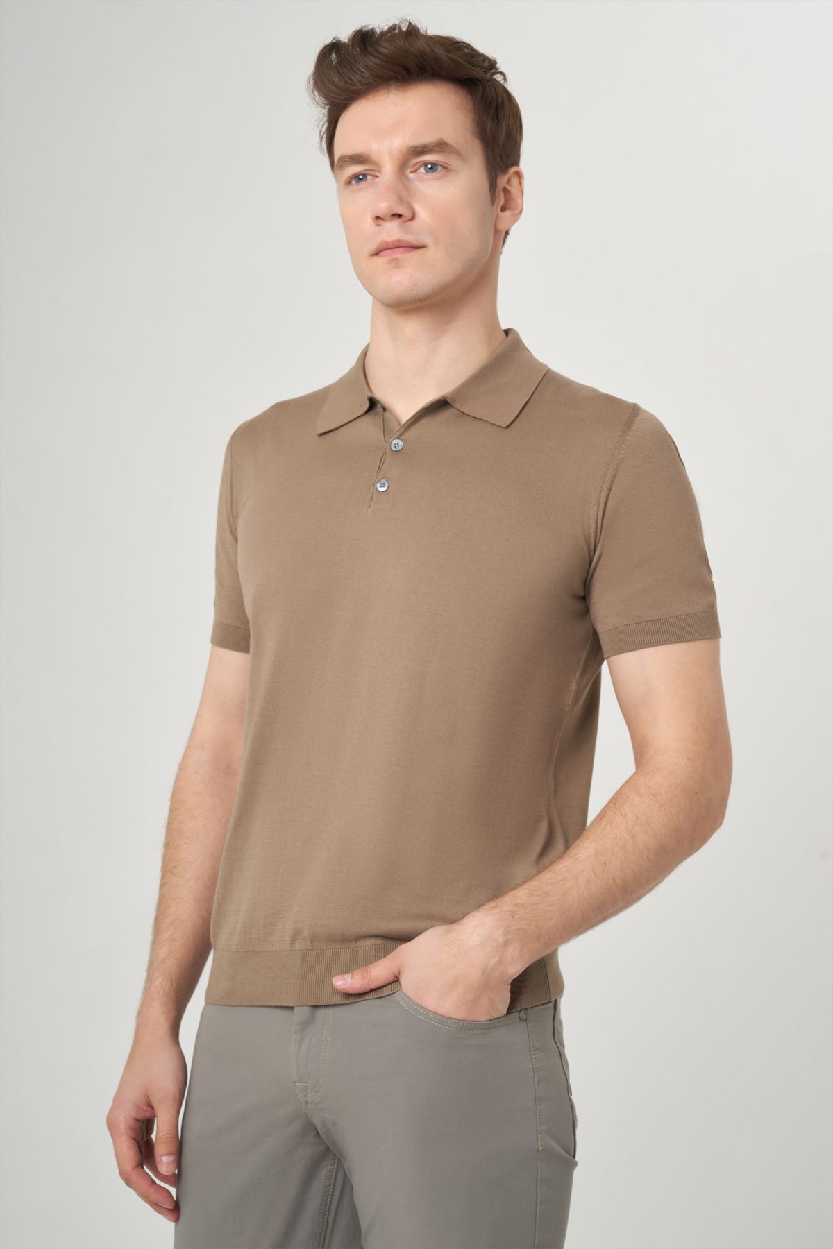 Bisse Erkek Kısa Kol Polo Yaka Düğmeli Basic Yazlık Triko T-shirt Vizon