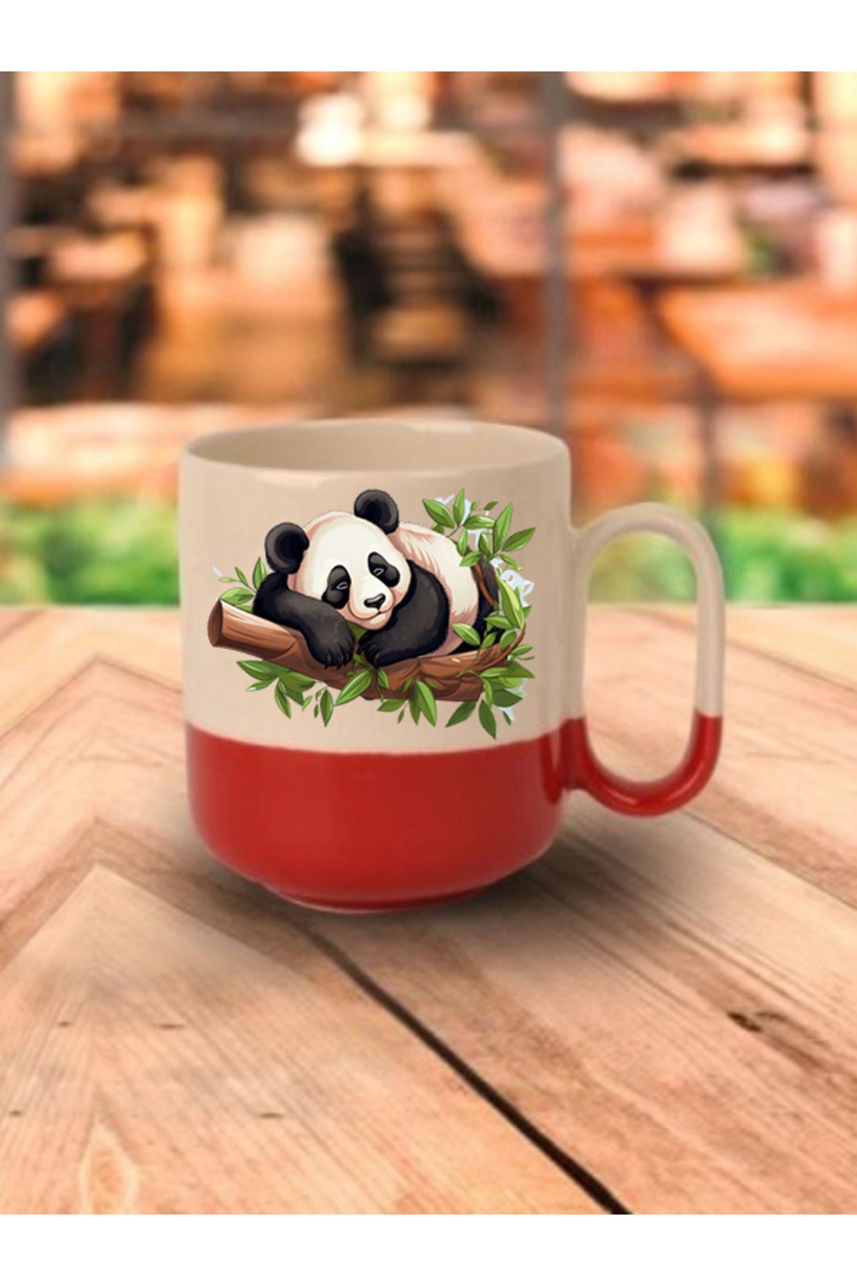lili hediyelik Dalda Uyuyan Panda Görselli Kırmızı Tabanlı Kupa Bardak - Seramik Çay, Kahve Hediyelik Bardağı