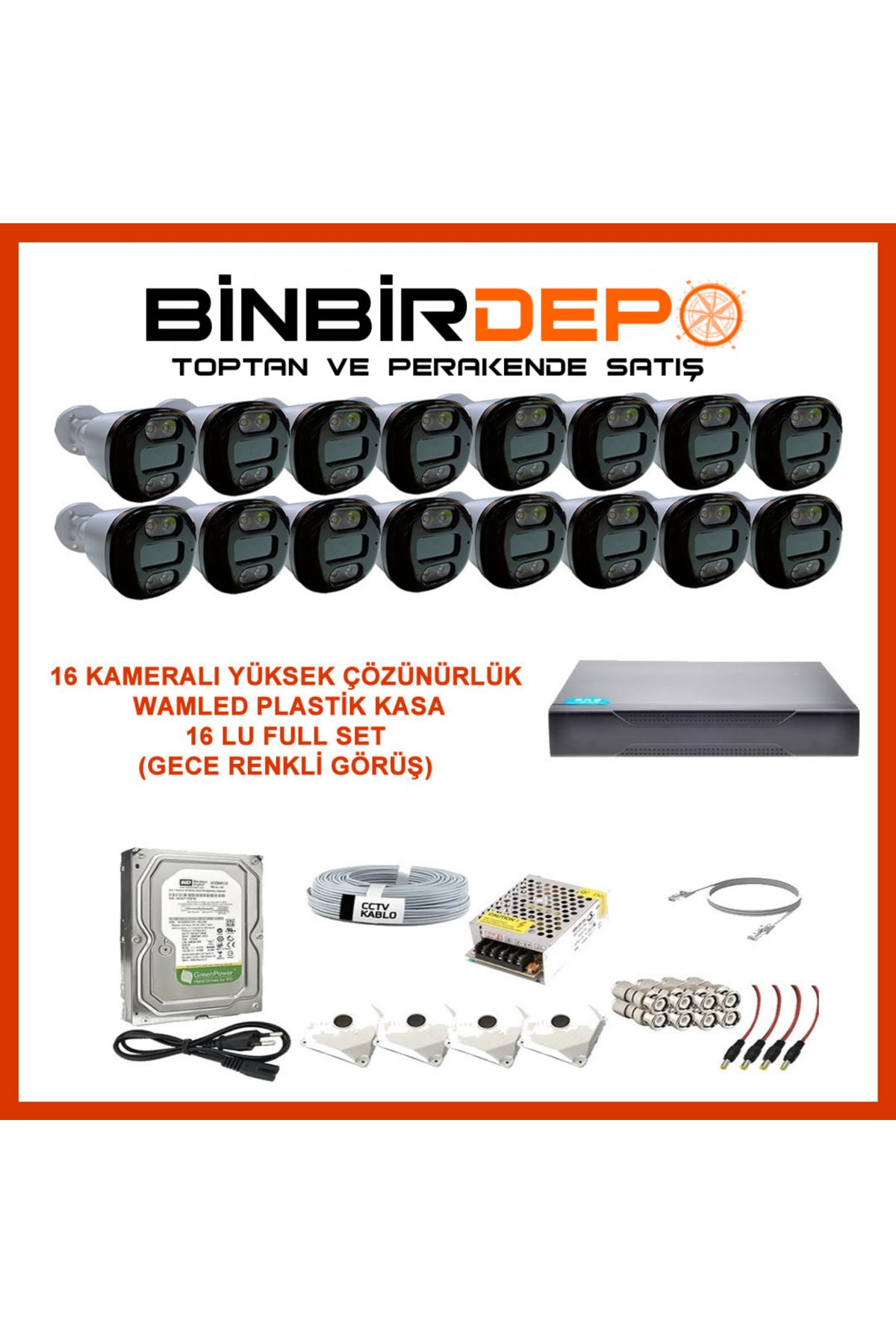 BinbirDepoNet 5MP 16 Kameralı Gece Renkli Görüş Dış Mekan Güvenlik Kamera Sistemi -Yapay Zeka Destekli