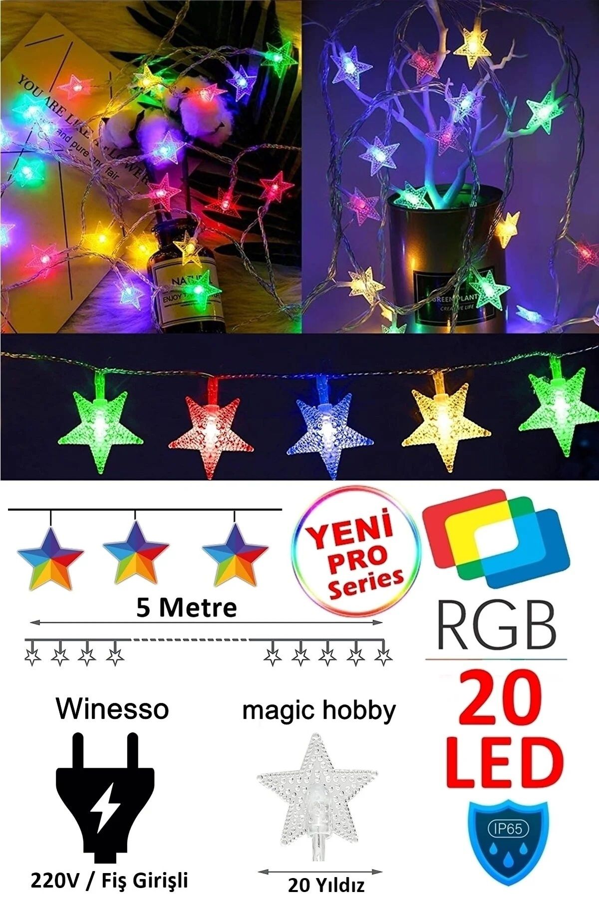 Magic Hobby Fişli Rgb Yıldız Led 5 Mt 20 Led Dekoratif Yıldızlı Yılbaşı Cam Ağacı Yılbaşı Süs Led