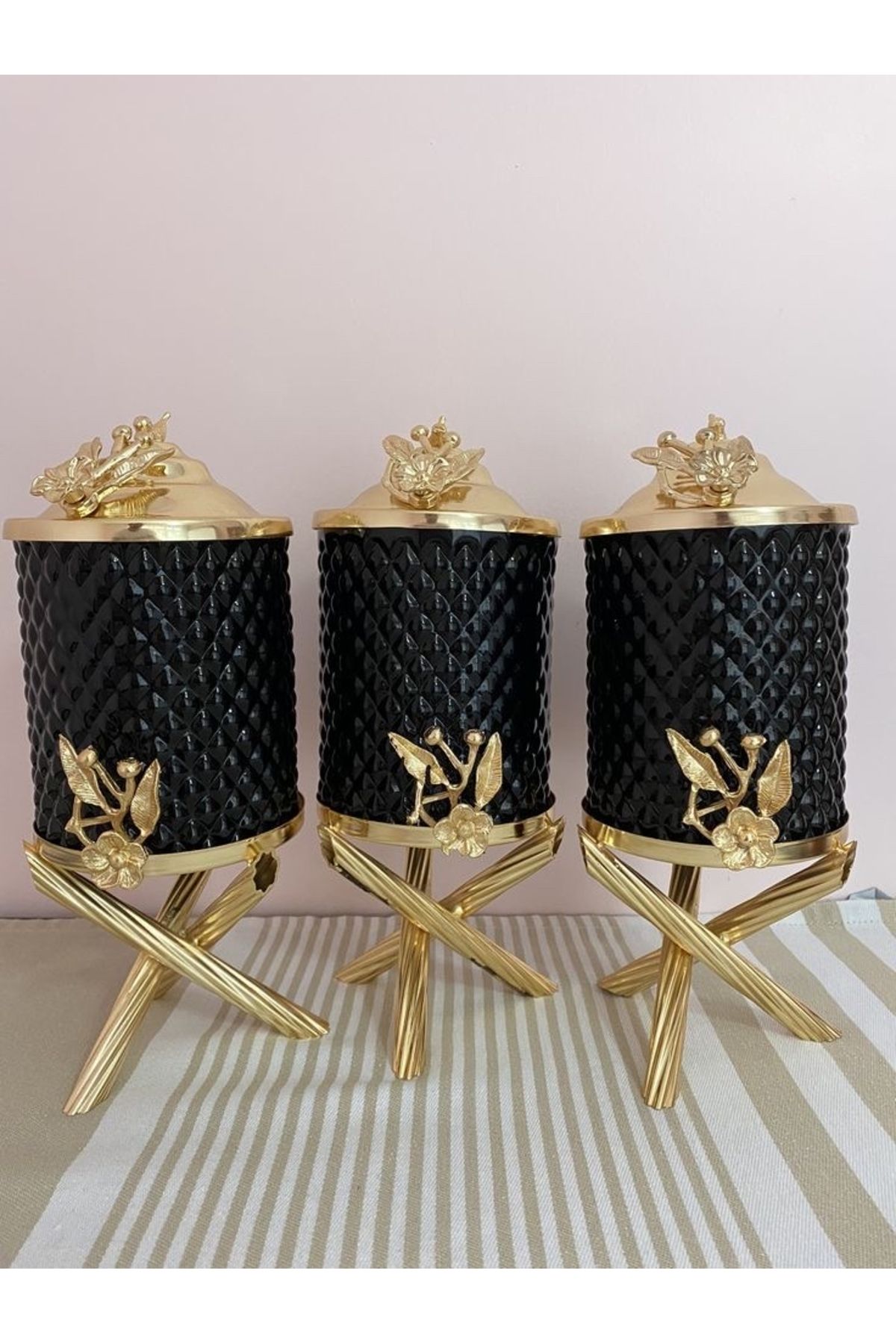 vanilya accessory Siyah kristal camlı üçlü lux kavanoz takımı gold