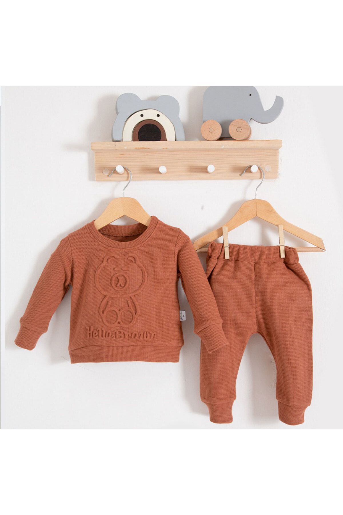 DIDuStore Erkek Bebek Takım Tarçın Sevimli Ayı Baskılı Üst ve Rahat Kesim Pantolon