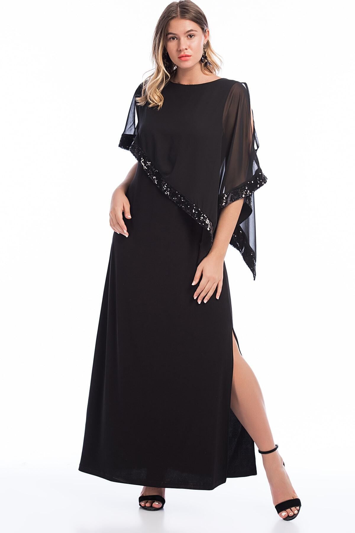 Şans Kadın Büyük Beden Siyah Payet Işli Elbise 65n14379