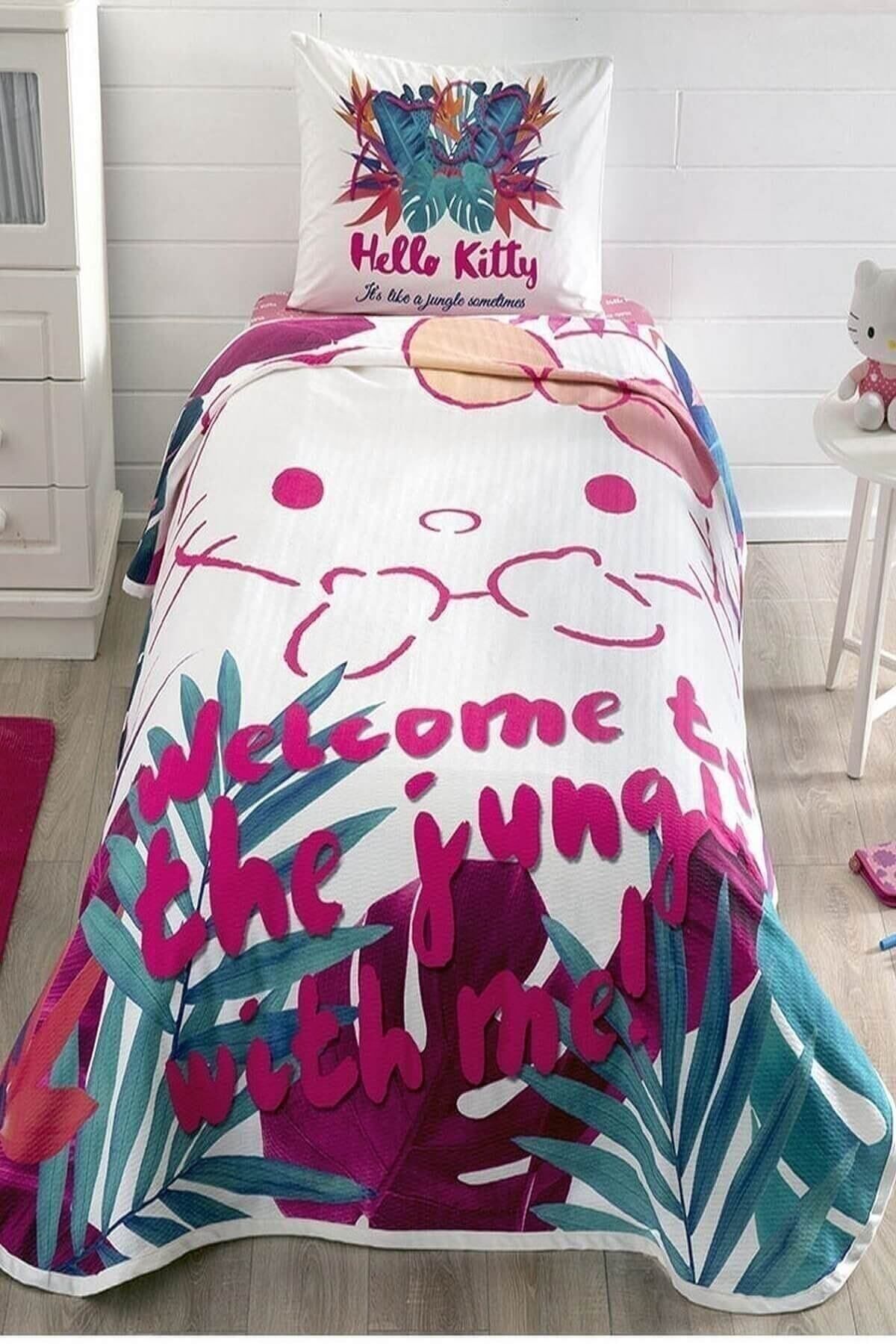 Taç Tek Kişilik Pike Takımı - Hello Kitty Jungle