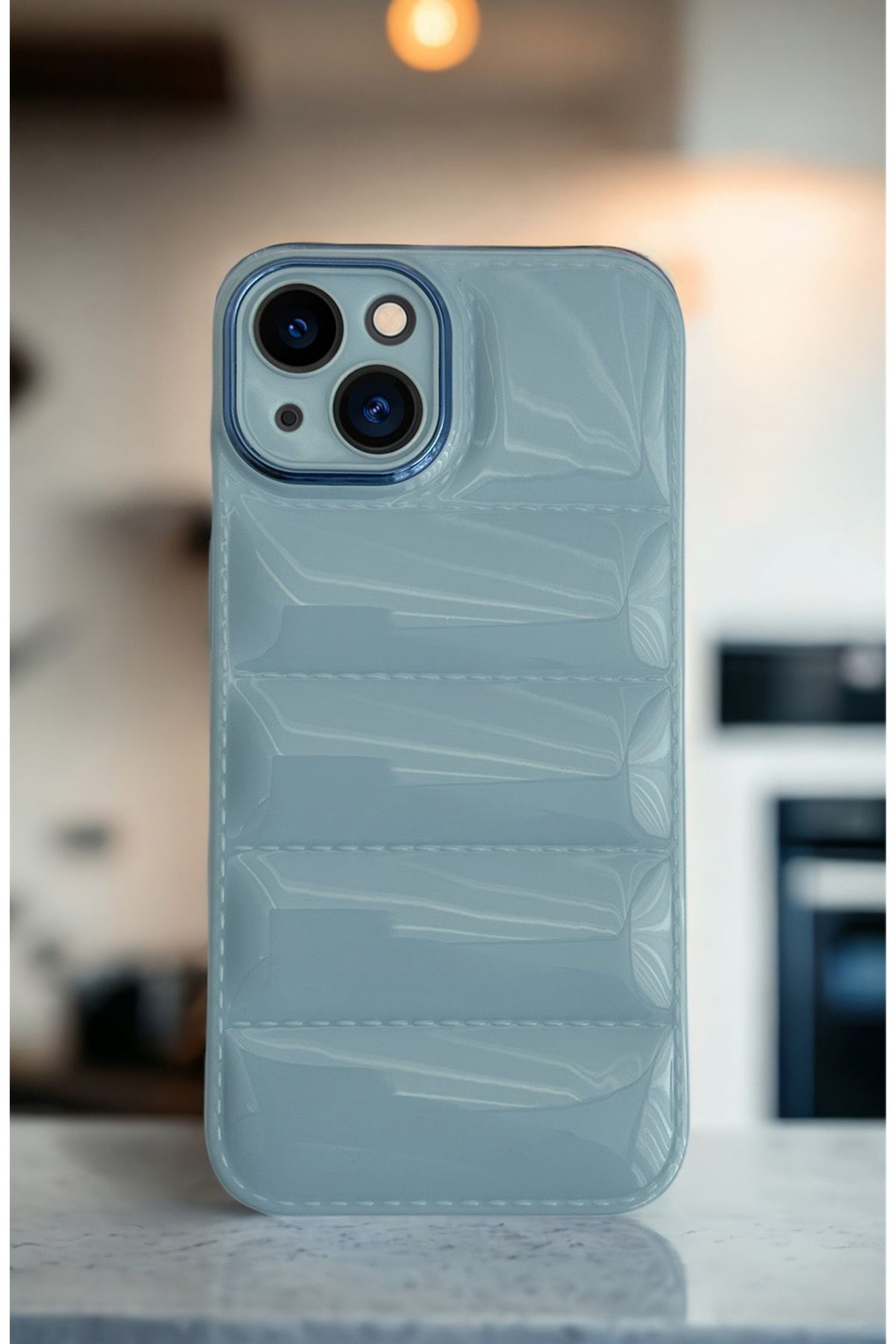 butikcase iPhone 13 Uyumlu Puffer Kamera Korumalı (Cam) Telefon Kılıfı Mavi