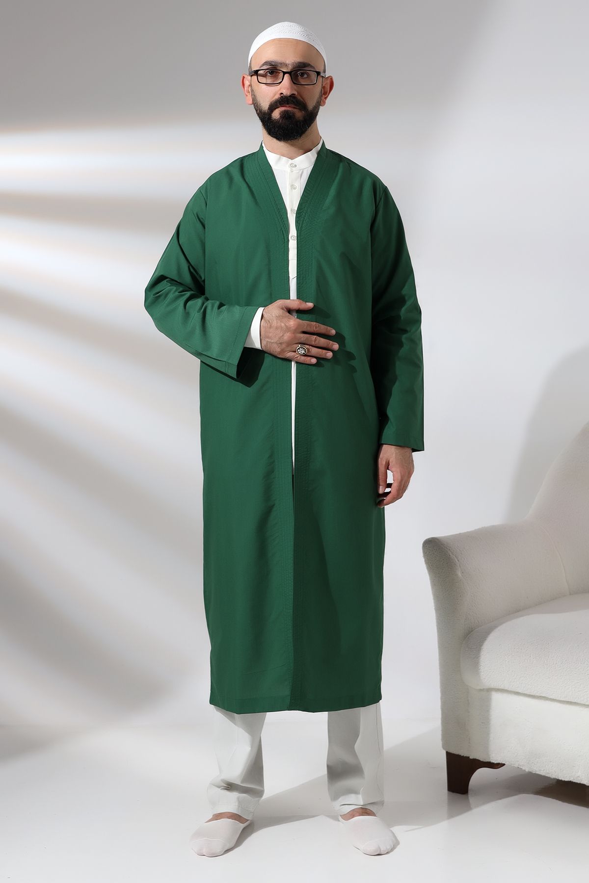 ihvanonline Yeşil Erkek Namaz Elbisesi V Yaka Düğmesiz Önü Açık Namaz Cübbesi