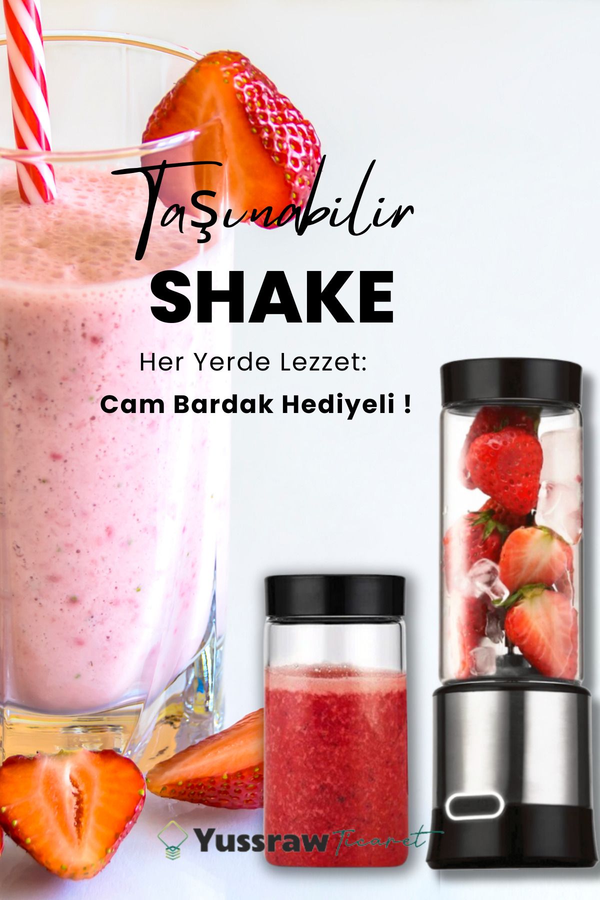 Yussraw 450 ml + 350 ml bardak ile beraber Taşınabilir Şarj Edilebilir Kişişel Blender Bıçaklı Buz Kırıcı