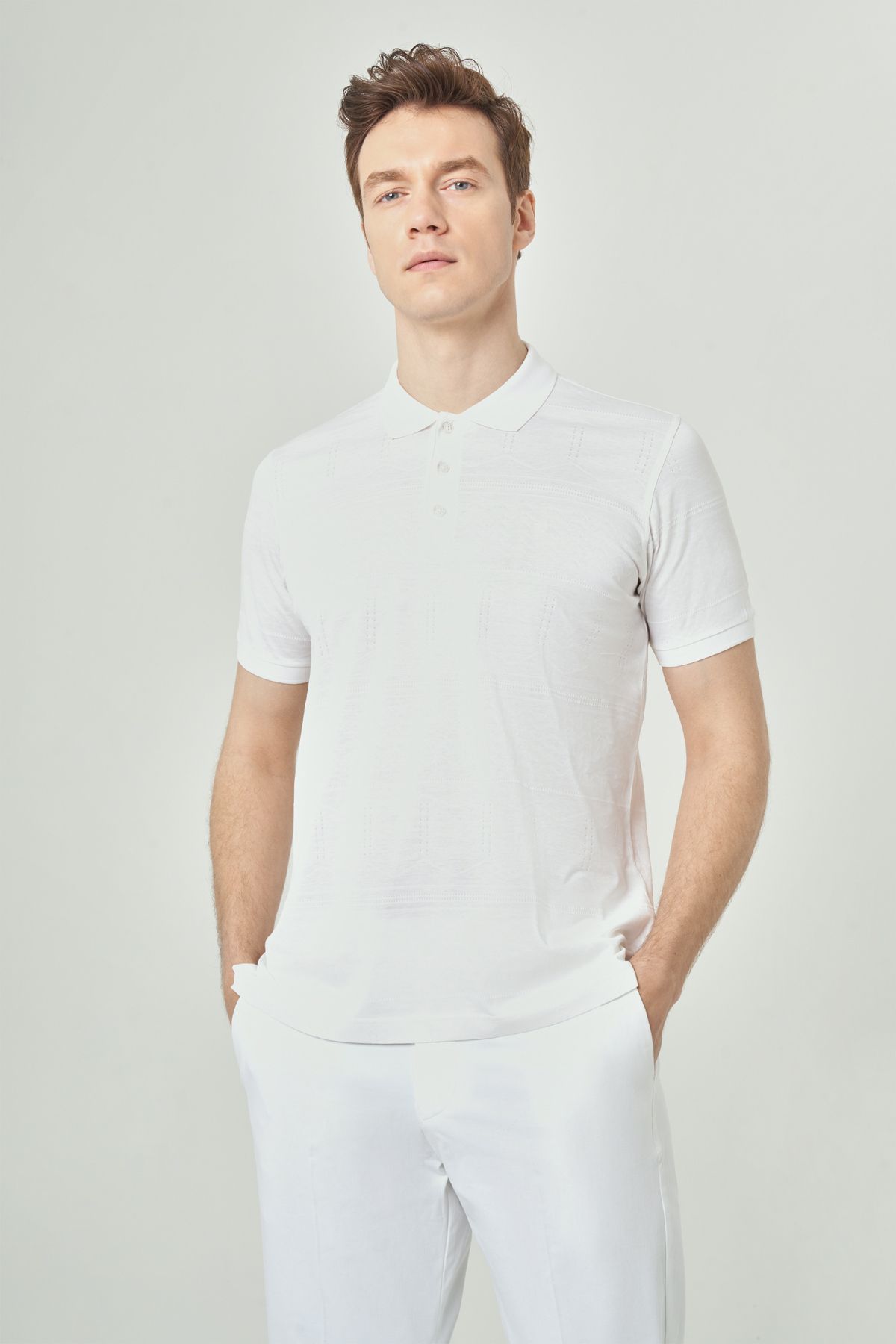 Bisse Erkek Regular Fit Desenli Polo Yaka T-shirt Beyaz