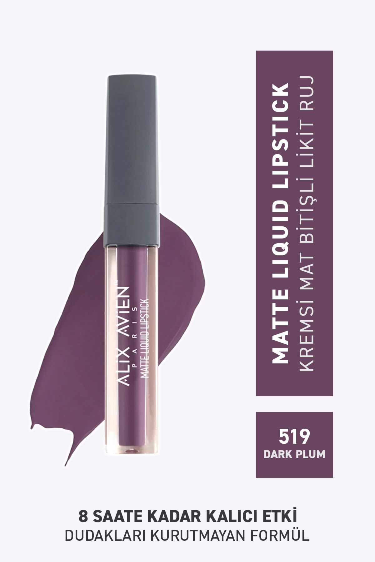 Alix Avien 519 Dark Plum Mat Bitişli Likit Ruj - 8 Saate Kadar Kalıcı Etki - Matte Liquid Lipstick