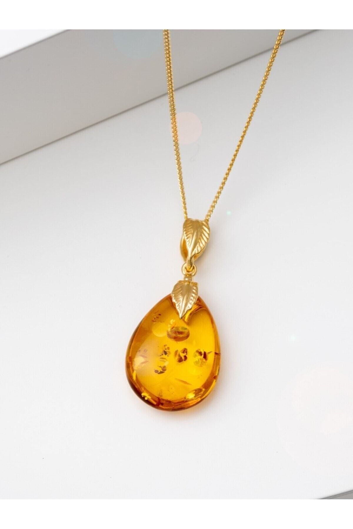 Amber by Mazukna Sertifikalı Baltık Damla Kehribar Kolye, Kadın Sarı Damla Kesim Gümüş Altın Kaplama 45 Cm Zincir