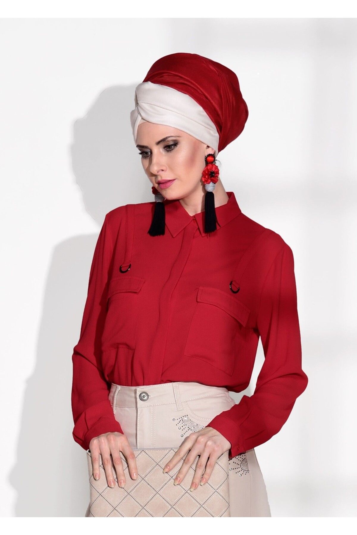 TRENDTESETTÜR Kadın Kırmızı Cep Detaylı Bluz 8202