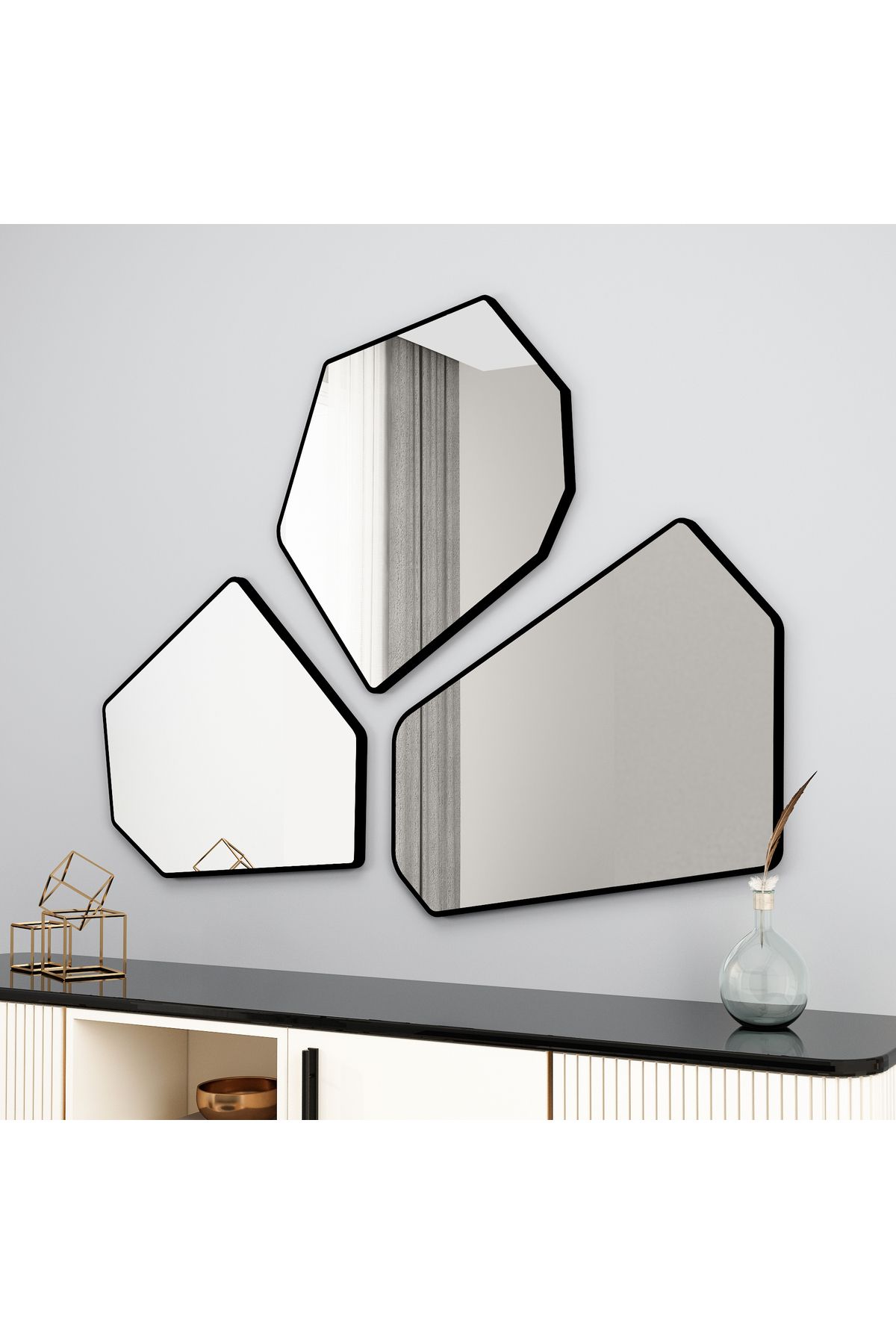 Arnetti Zen Siyah 3 Parça Modern Dekoratif Salon Ayna