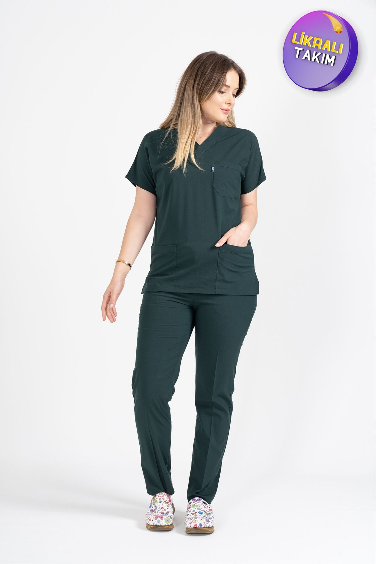 Class Üniforma Avcı Yeşili Likralı Unisex Medikal Hemşire Ve Doktor Üniforması Scrubs Cerrahi Giyim Takım