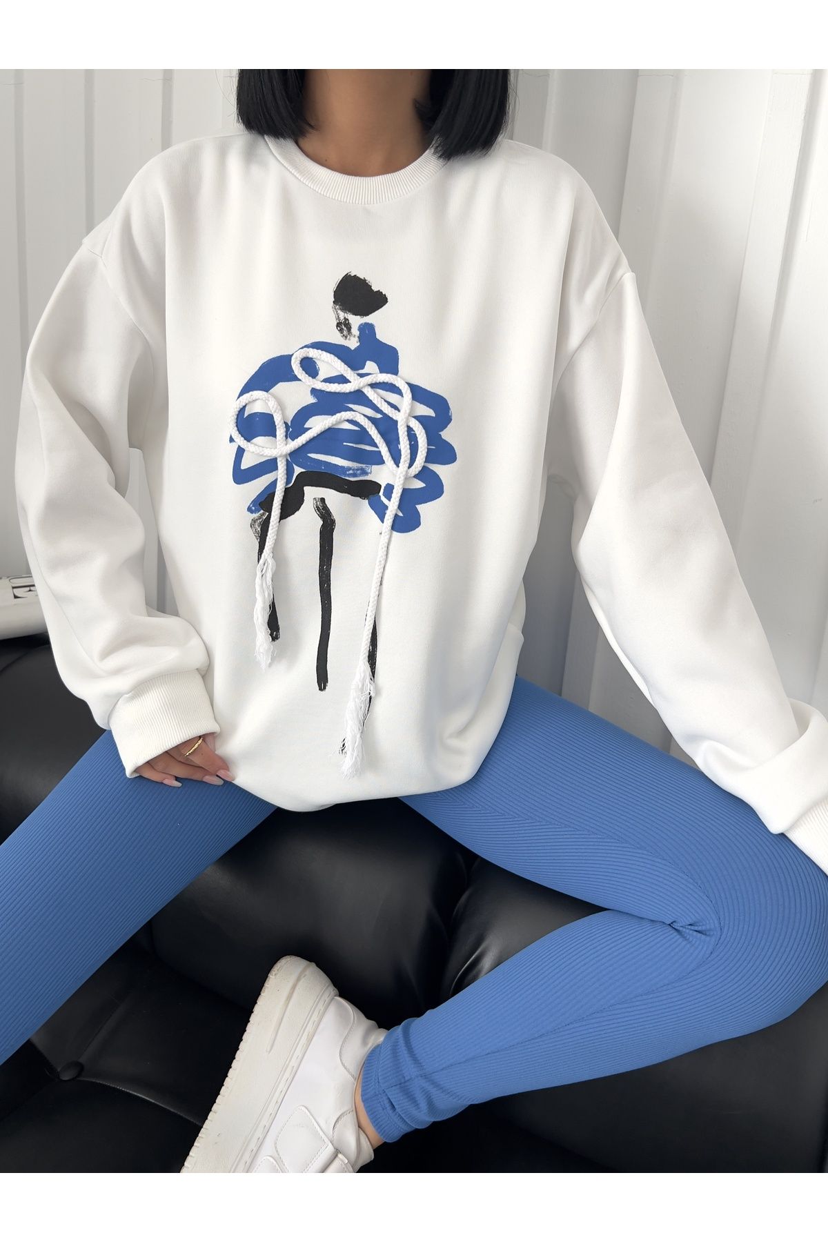 Fiori Baskılı Halat İp Detaylı Sweatshirt