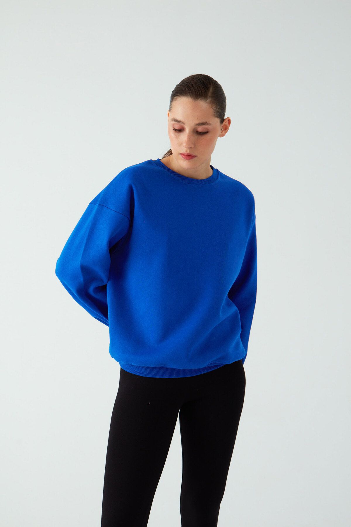 Zomers Kadın Bisiklet Yaka İçi Polarlı Basic Oversize Saks Mavi Sweatshirt