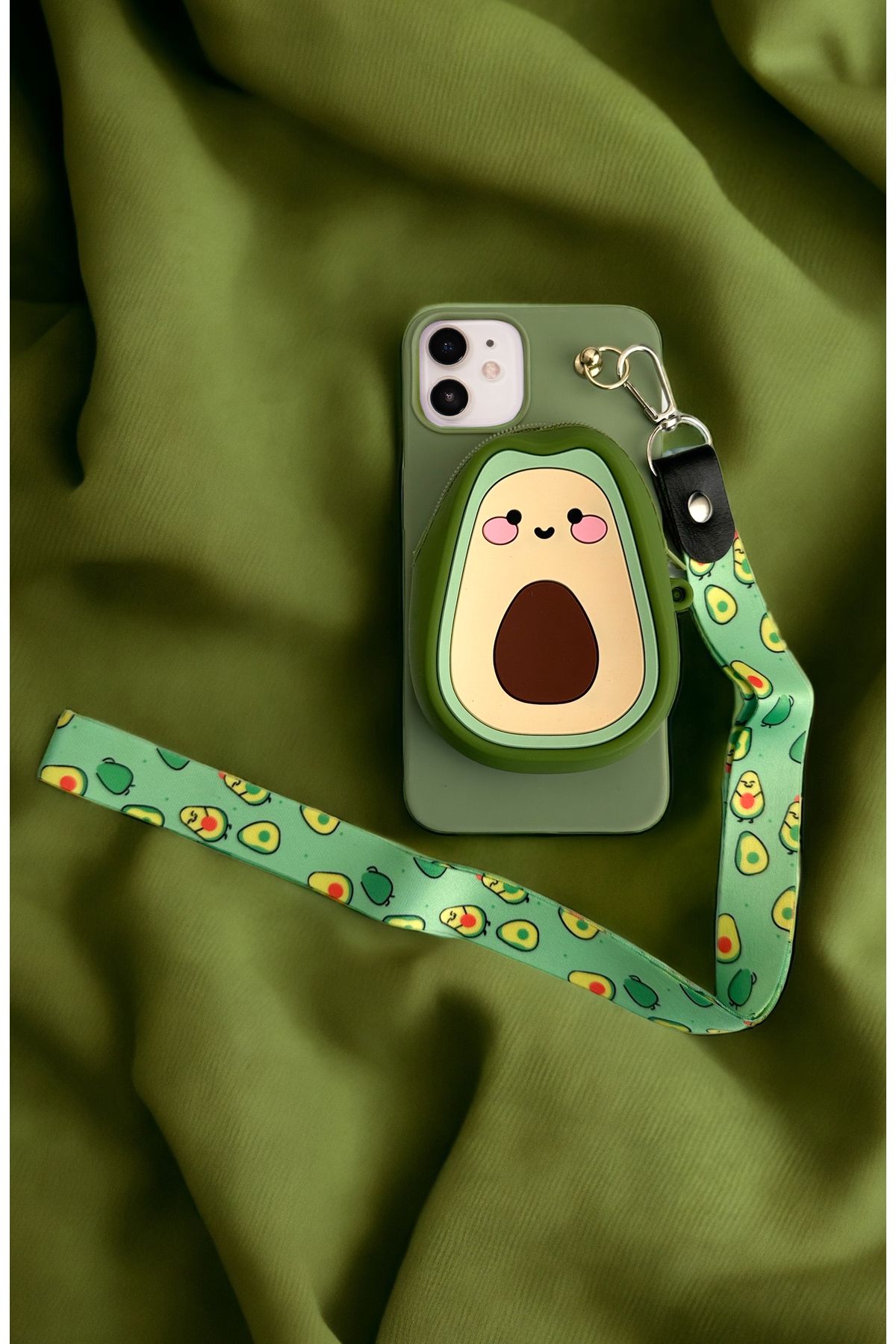 butikcase iPhone 11 Uyumlu Avokado Desenli Cüzdanlı Askılı Telefon Kılıfı
