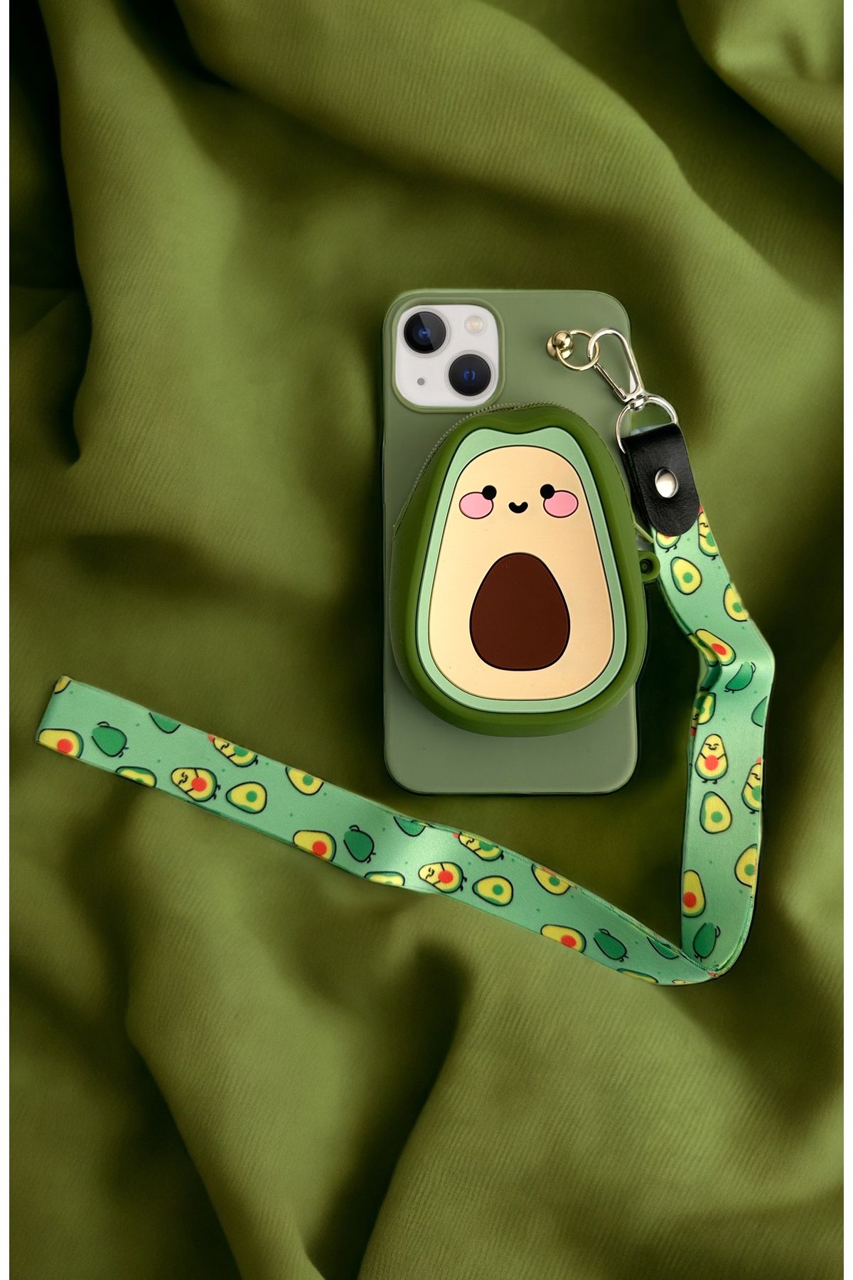 butikcase iPhone 13 Uyumlu Avokado Desenli Cüzdanlı Askılı Telefon Kılıfı