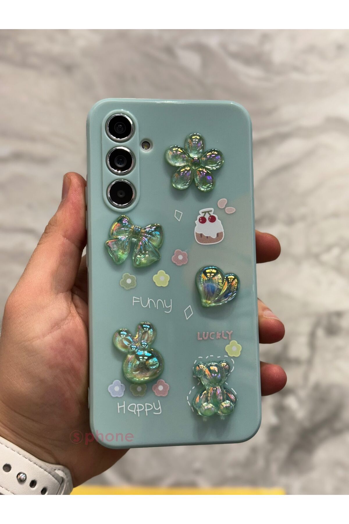 Sphone Samsung Galaxy A54 5G Kılıf 3D Kabartma Emoji Figür Ayıcık Çiçek Kurdele Happy Good Luck Funny Heart
