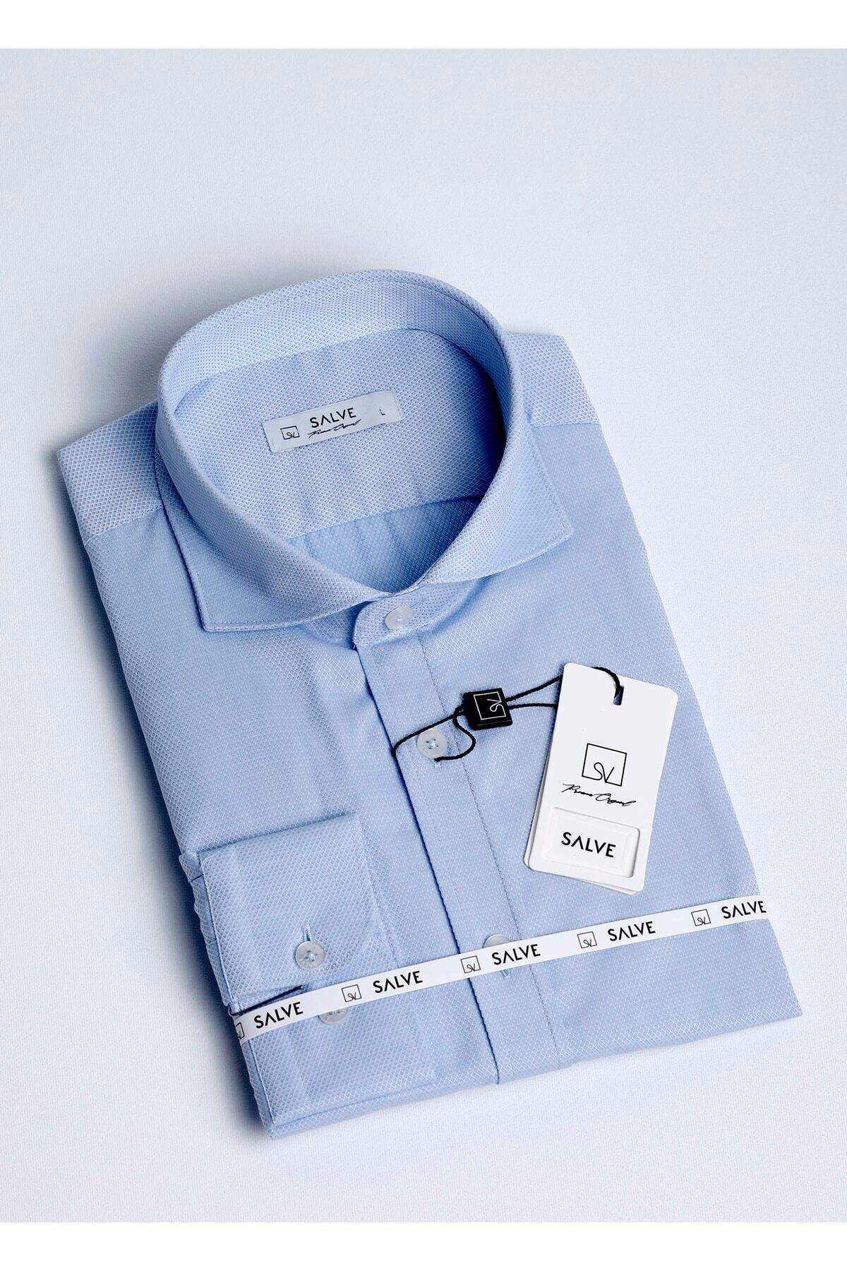 salve Erkek Gömlek %100 Pamuk Slim Fit Armürlü Desen Italyan Yaka Mavi Renkli Casual Giyim 22135