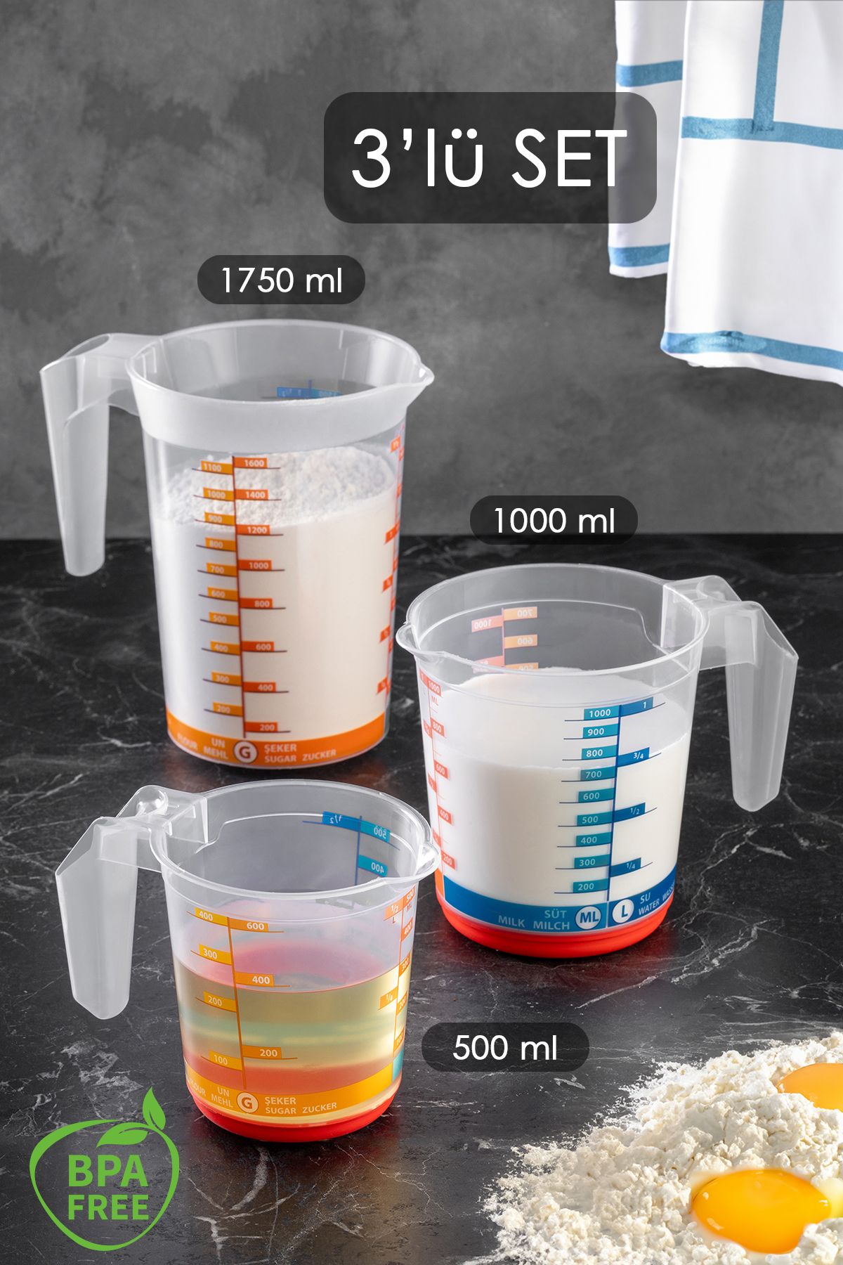 Meleni Home 3'lü Ölçü Kabı Seti - Kaymaz Tabanlı Kulplu Ölçülü Mikser Karıştırma Kabı 500 ml -1000 ml - 1750 ml