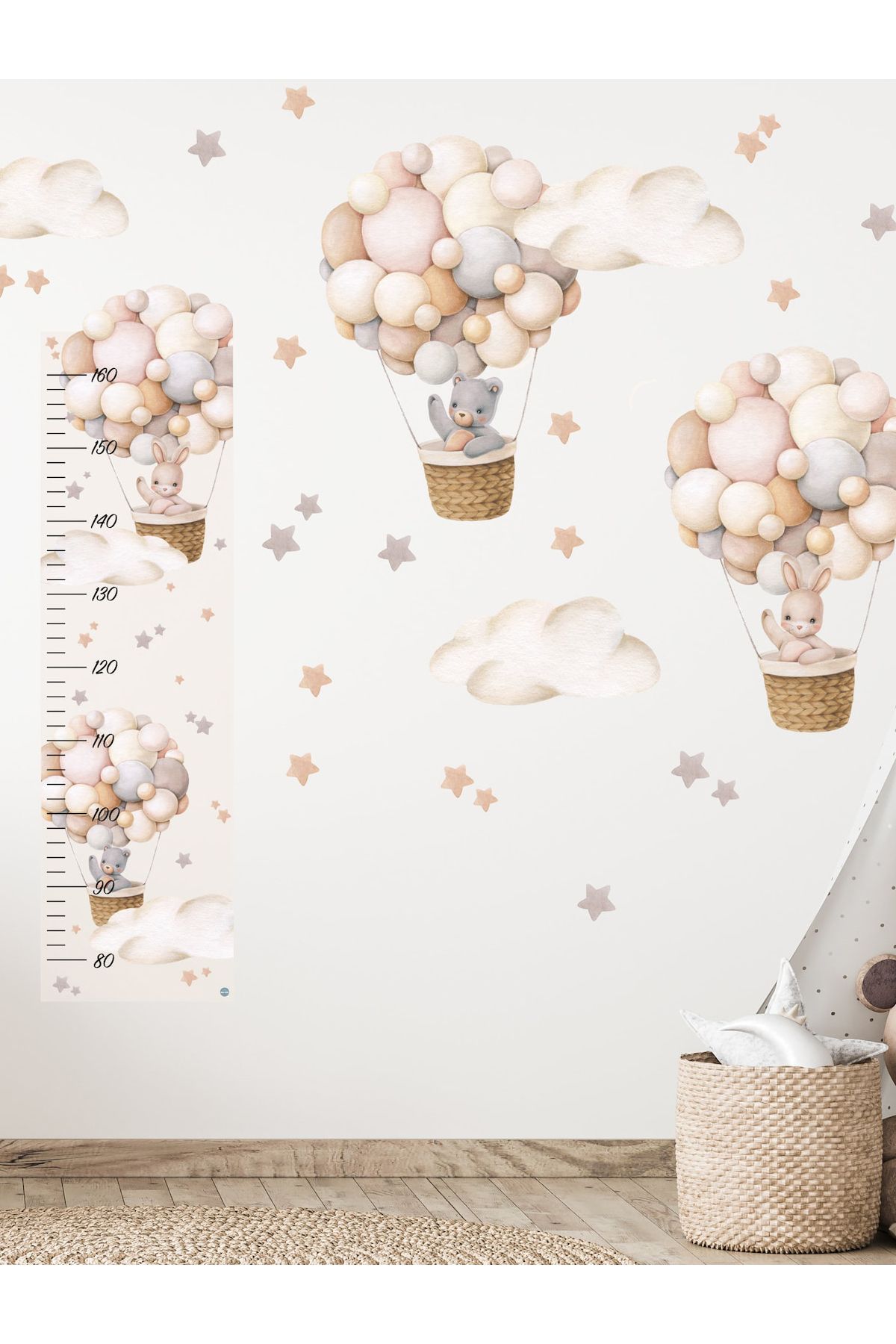 Sim Tasarım Boy Ölçerli Pastel Havabalonunda Sevimli Hayvanlar Çocuk Odası Duvar Sticker Seti