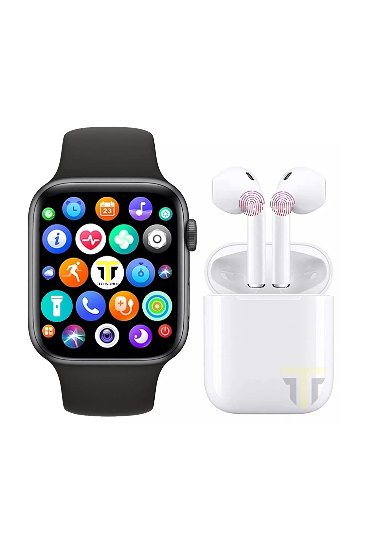 TECHNOMEN Akıllı Saat Plus   Kablosuz Kulaklık ikili Siyah Set ios Android Smartwatch