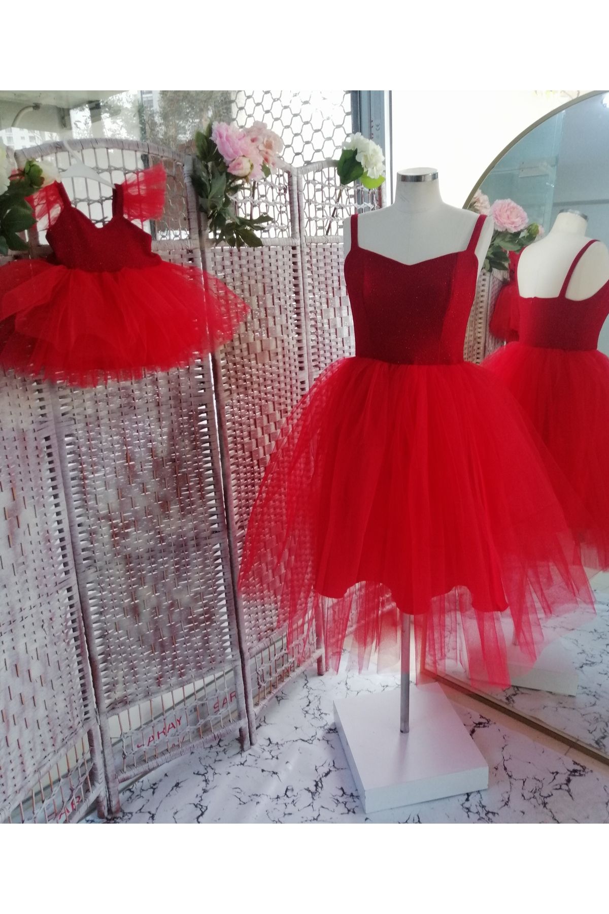 hotice tasarım Anne Kız Kombin Simli Kırmızı Abiye Tüllü Elbise (tek Elbise Fiyatı )
