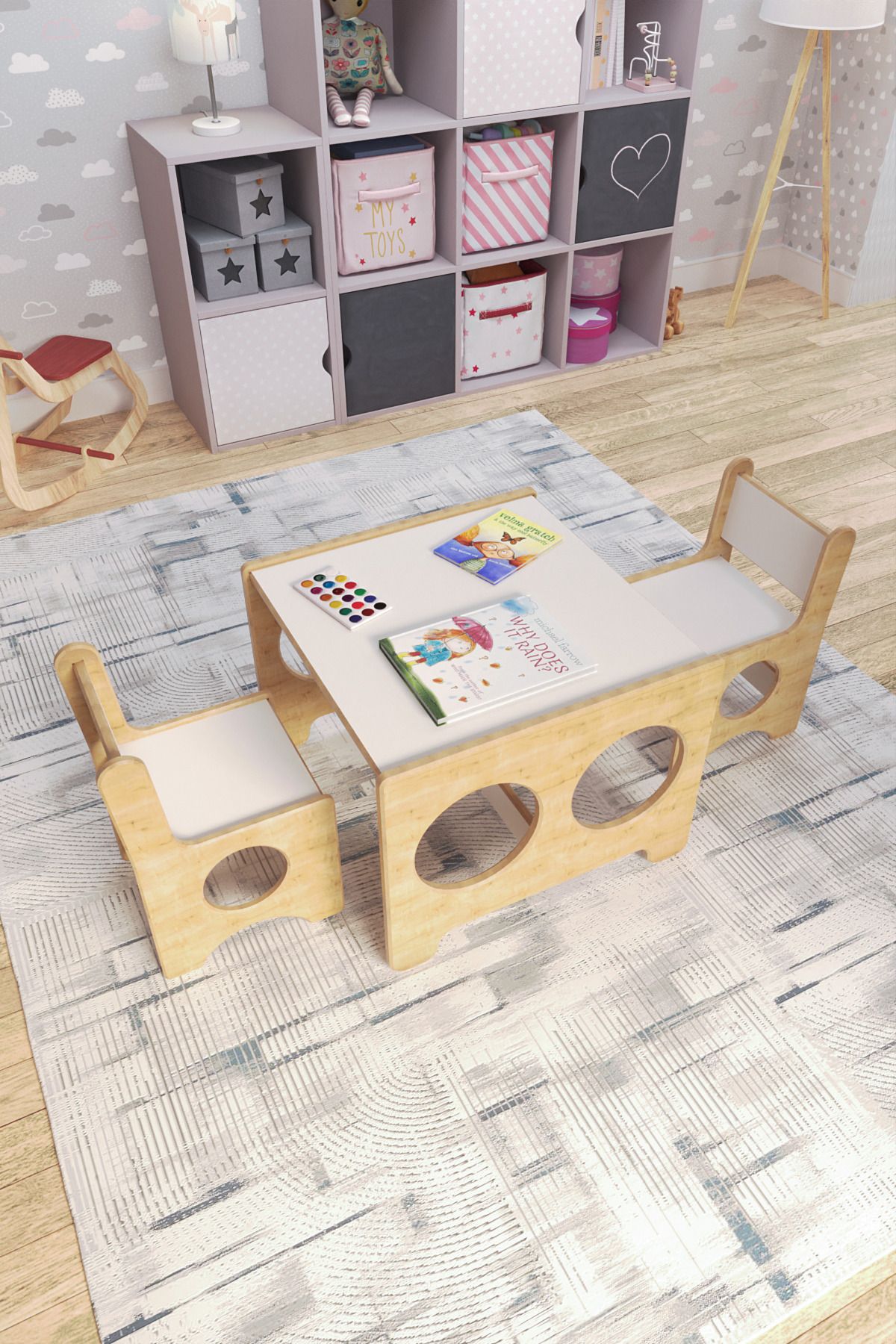 zeo wood design Montessori Çocuk Oyun & Aktivite & Çalışma Masa Ve 2 Sandalye